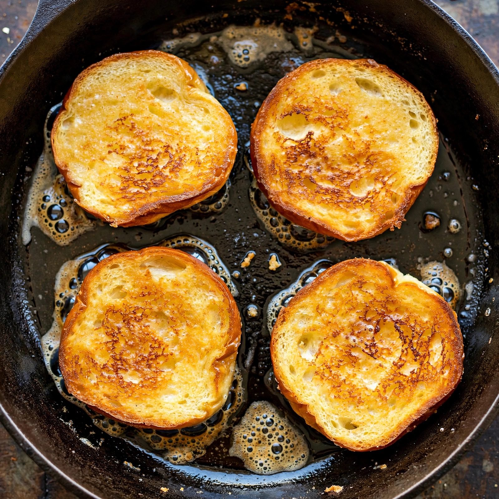 Brioche buns toasting cut-side down in a skillet
