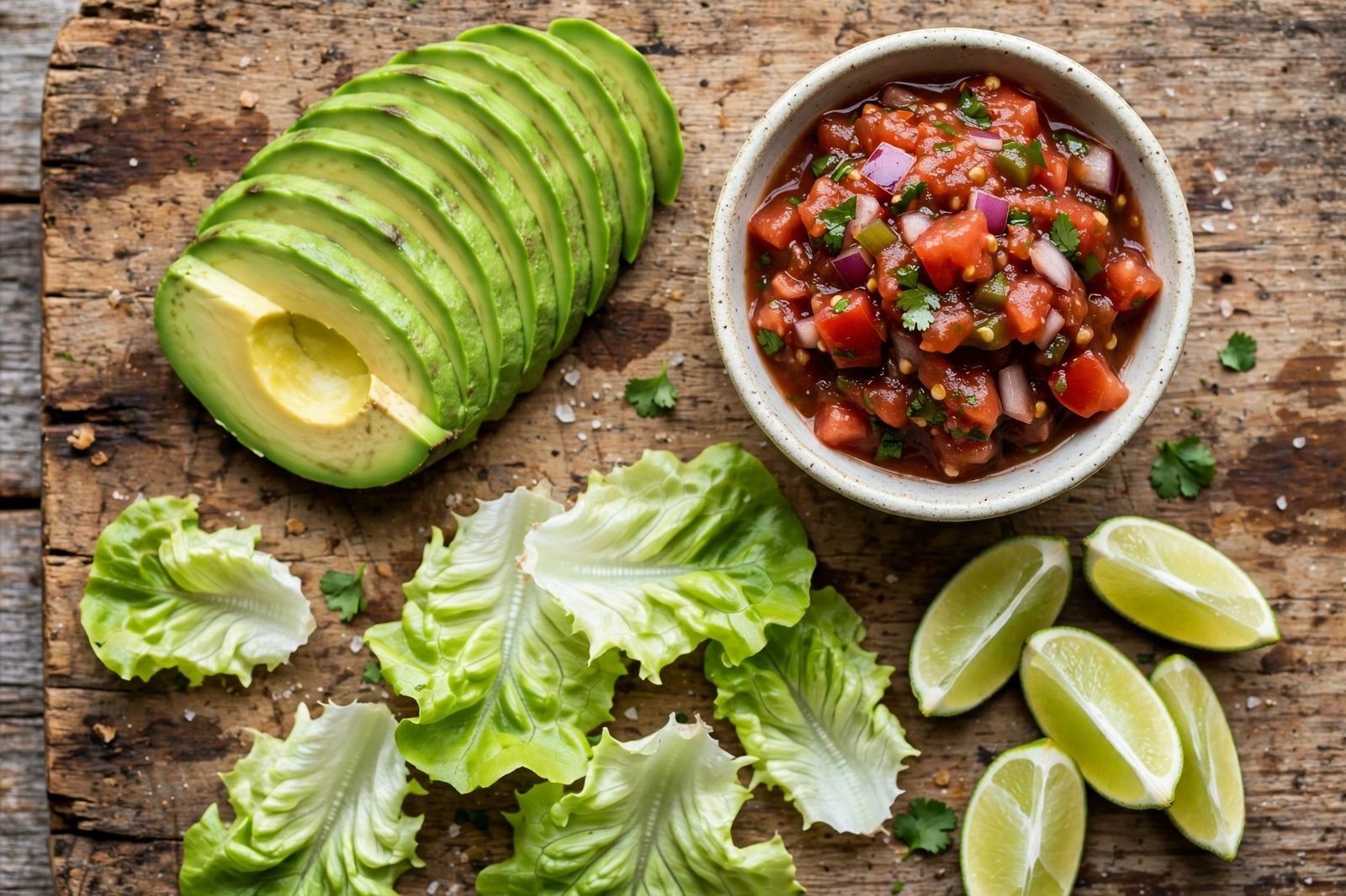 Toppings for black bean burgers: avocado, salsa, lettuce, lime