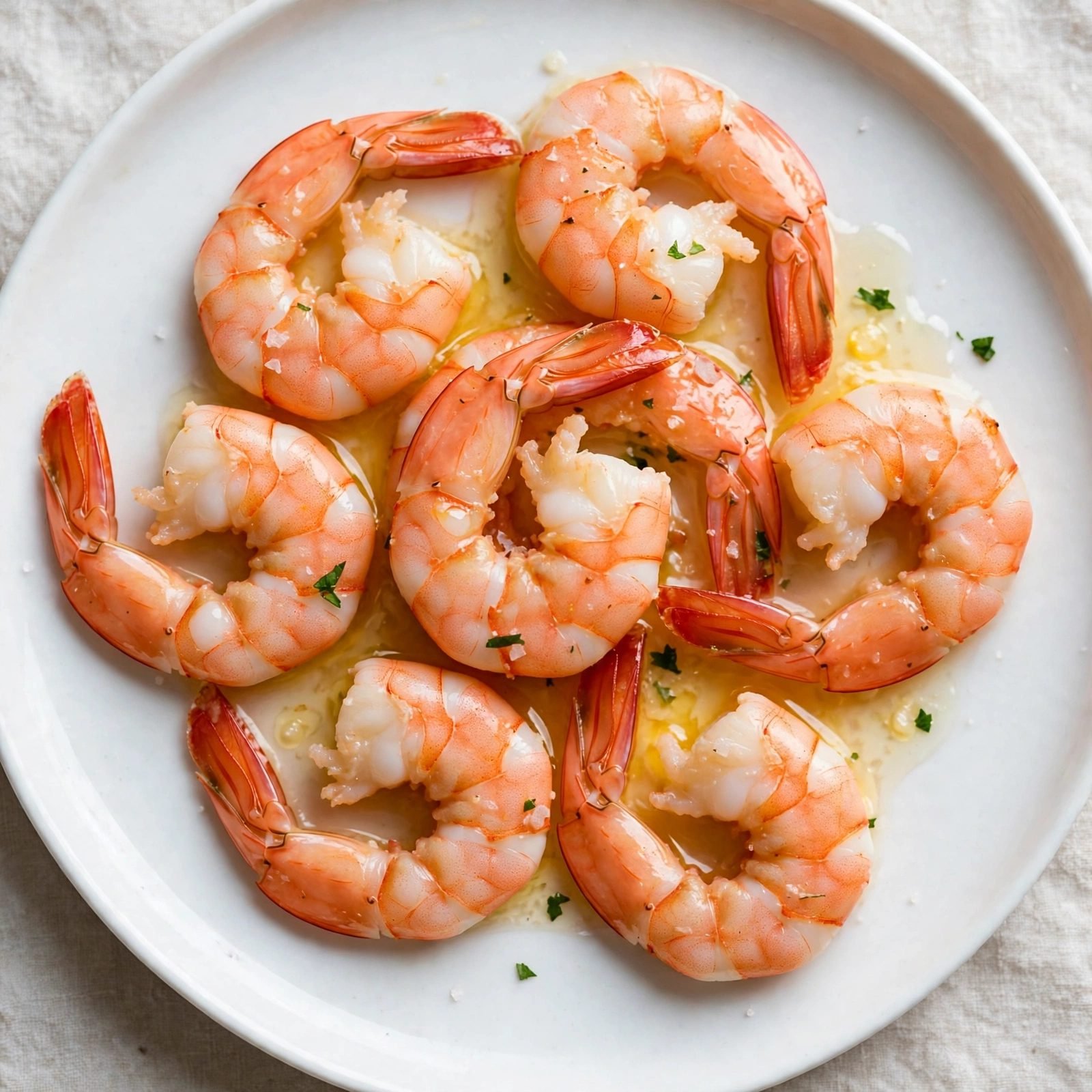 Cooked pink shrimp resting on a plate