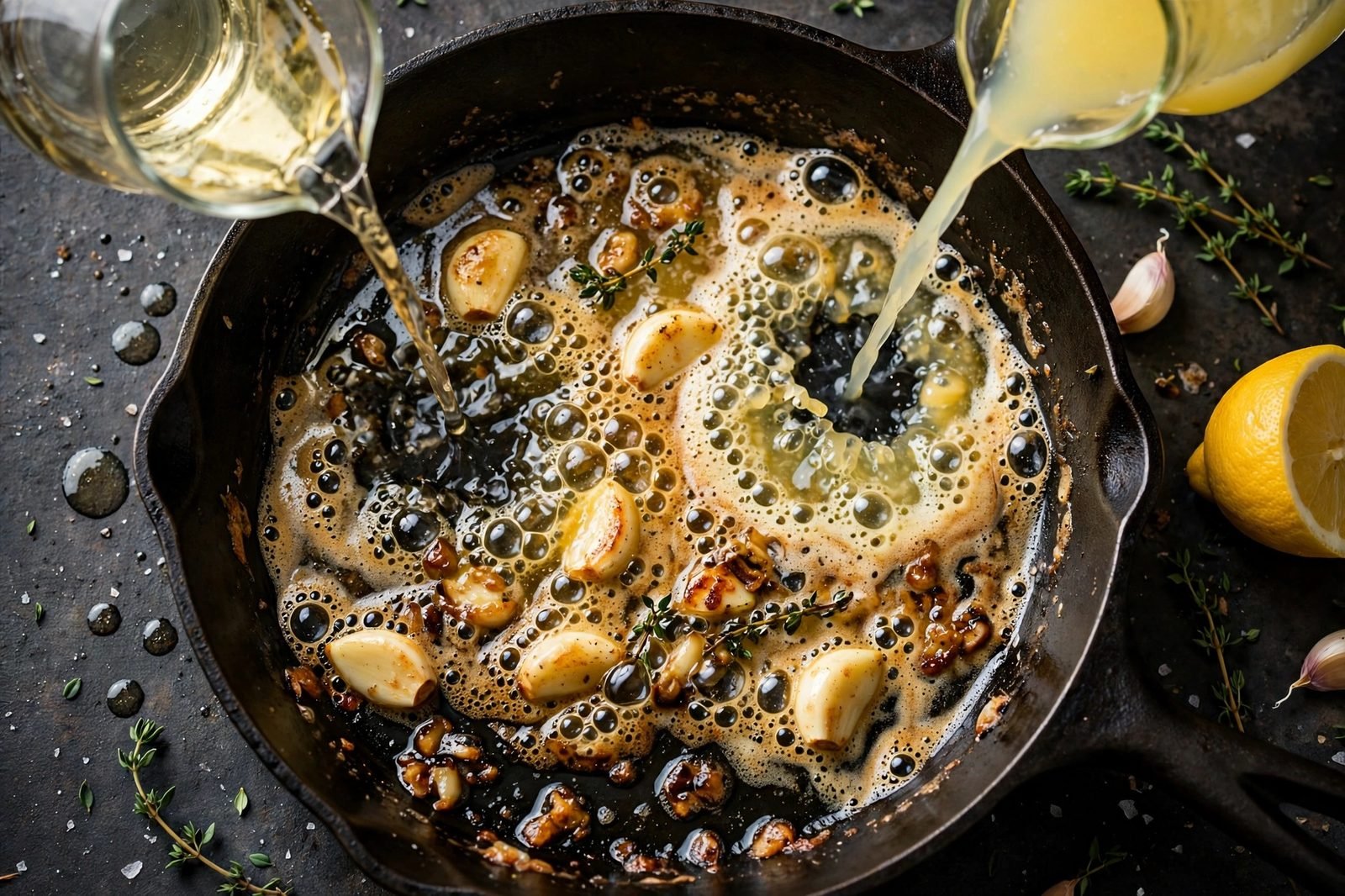 Wine and lemon juice deglazing the skillet