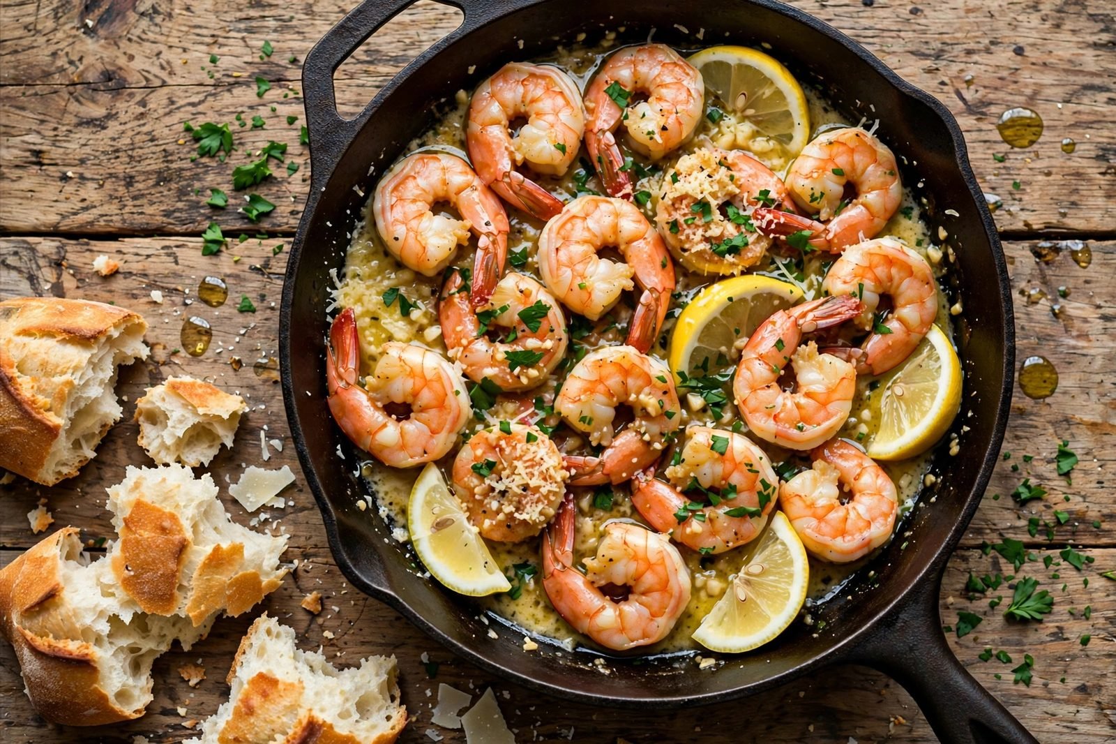 Cast iron skillet of garlic parmesan shrimp with lemon wedges, parsley, and torn crusty bread