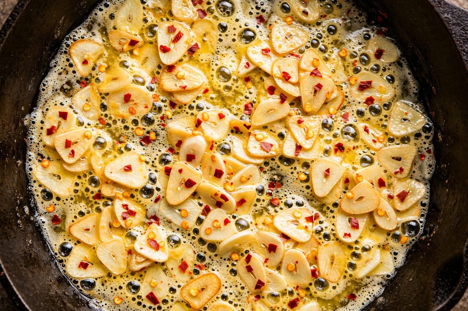 Garlic and red pepper flakes in melting butter in a skillet