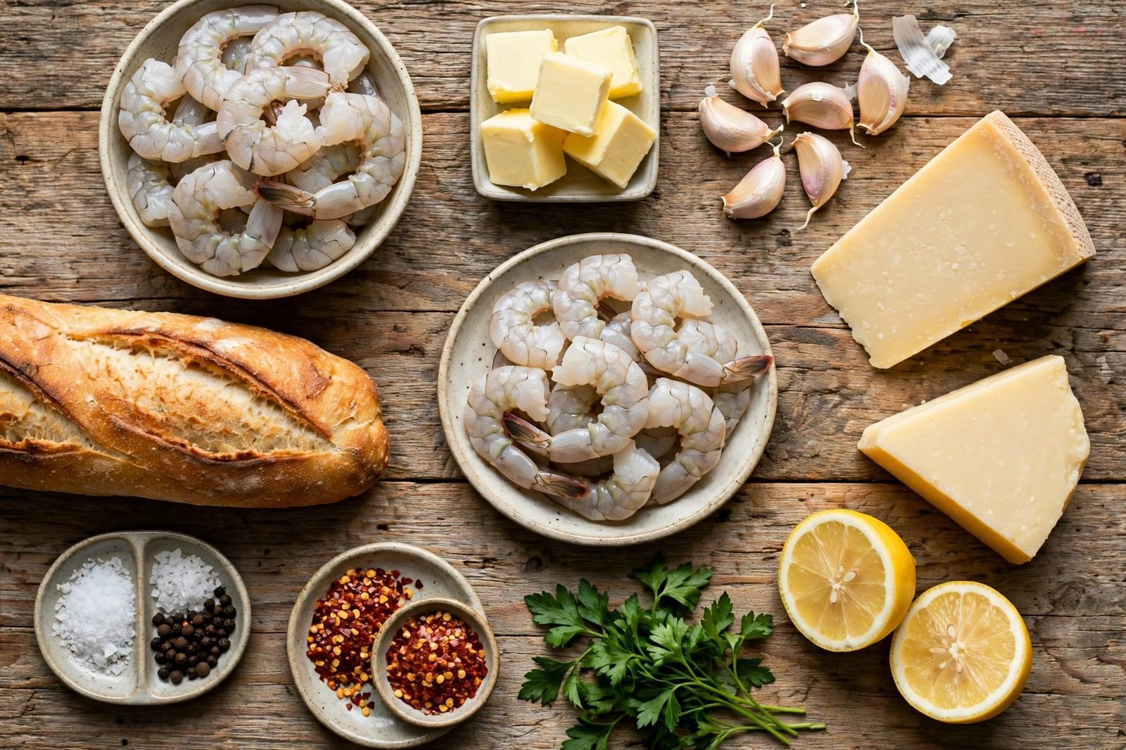 Ingredients for garlic parmesan shrimp skillet arranged on a kitchen counter