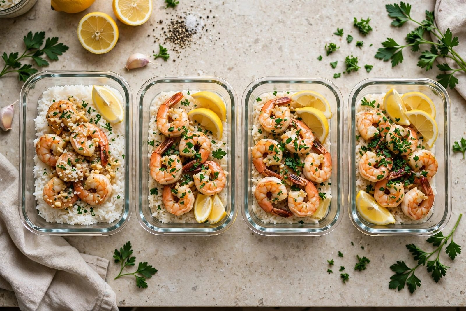 Meal-prep containers of garlic parmesan shrimp