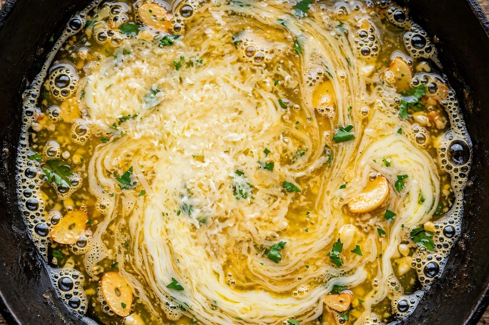 Parmesan melting into a glossy garlic butter sauce