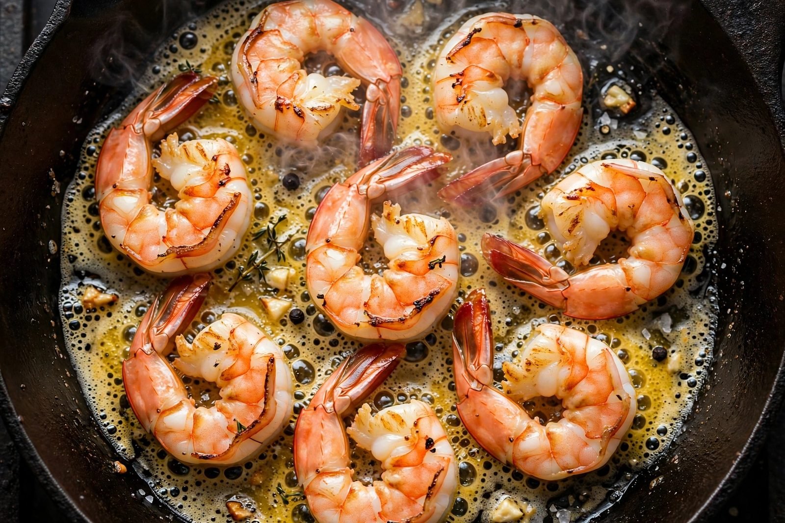 Shrimp searing in a single layer in a hot skillet
