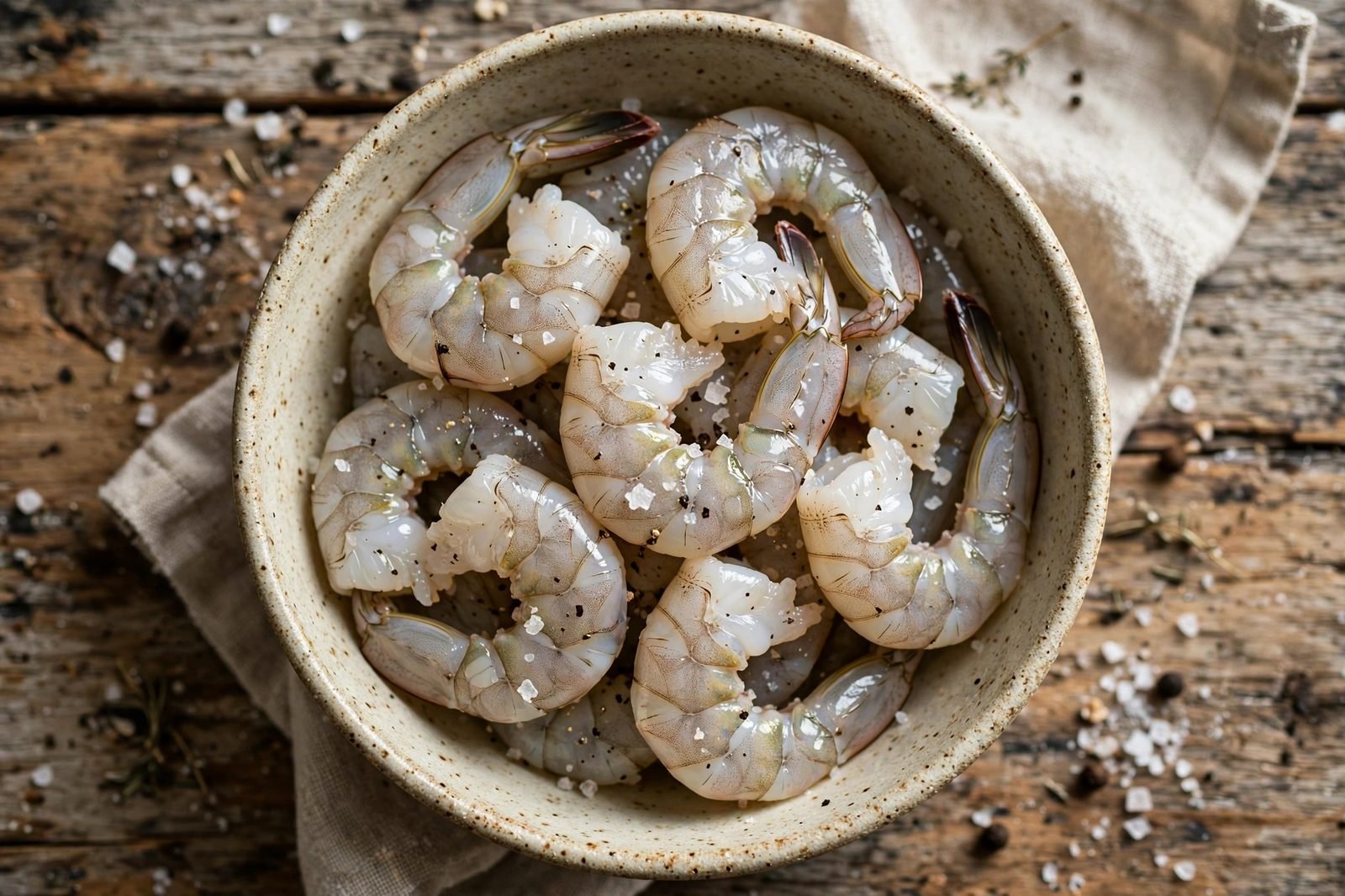 Raw shrimp seasoned with salt and pepper in a bowl