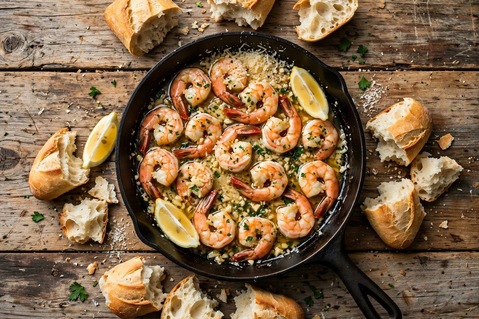 Served skillet of garlic parmesan shrimp with bread and lemon