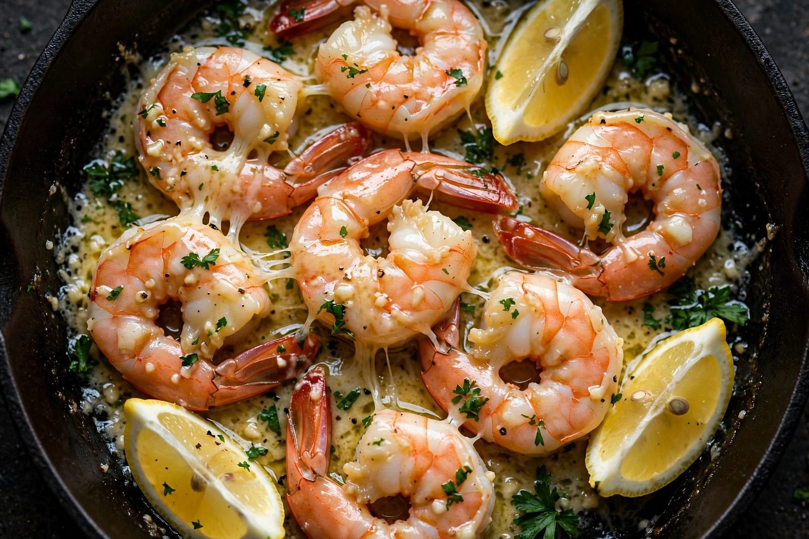 Close-up of shrimp tossed in garlic parmesan sauce