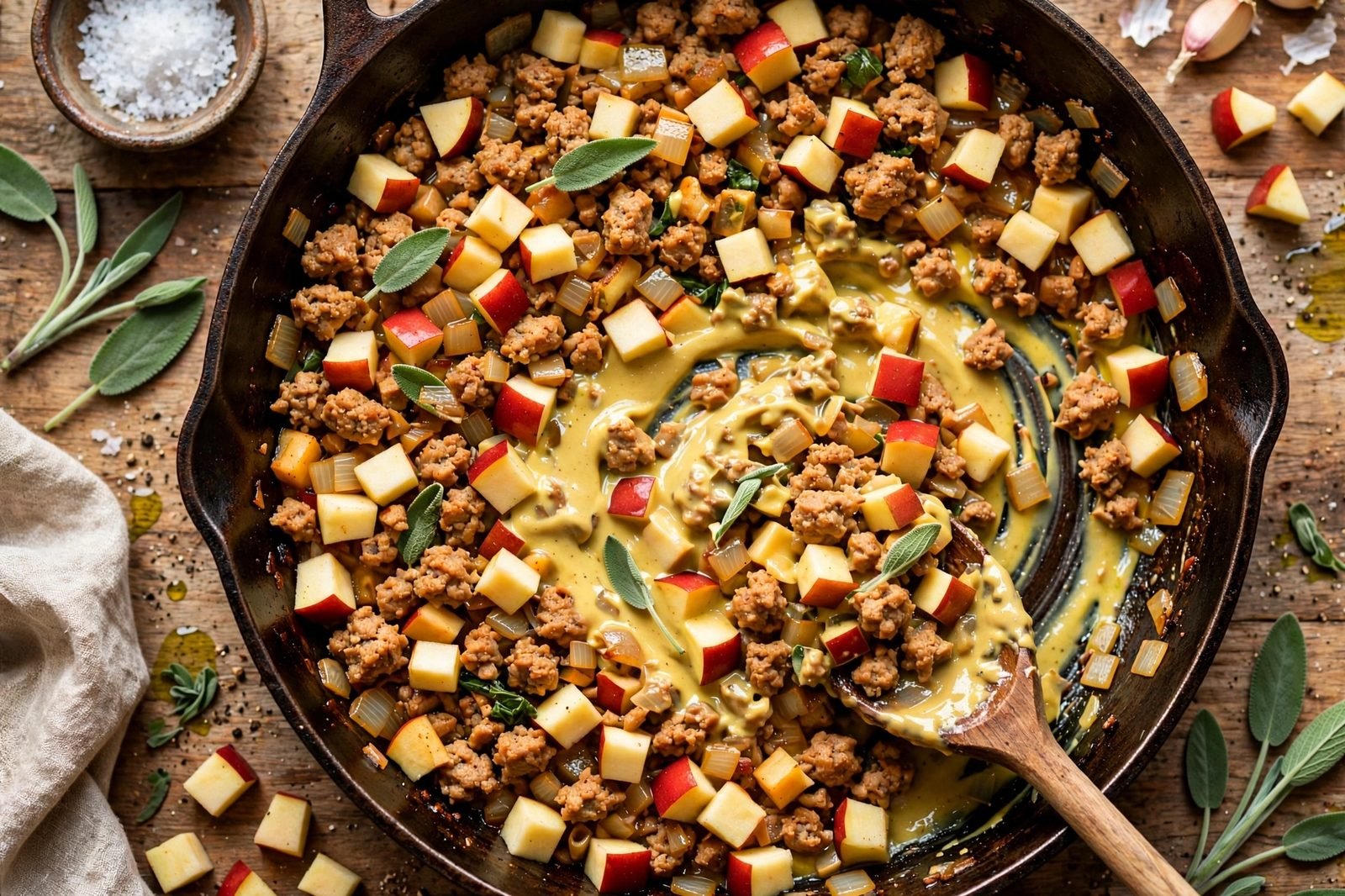 Diced apples being added to the skillet