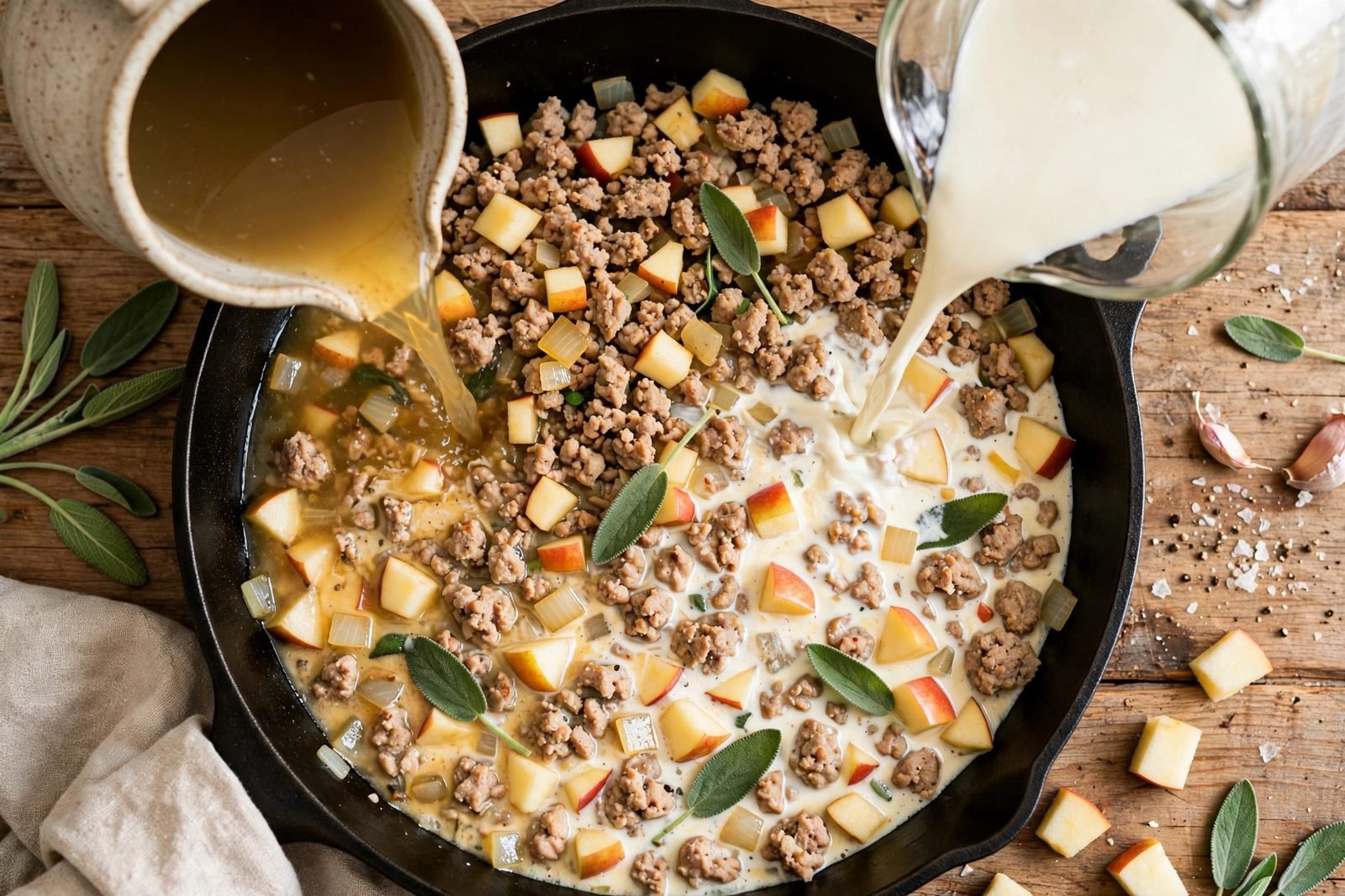 Chicken broth and cream poured into the skillet