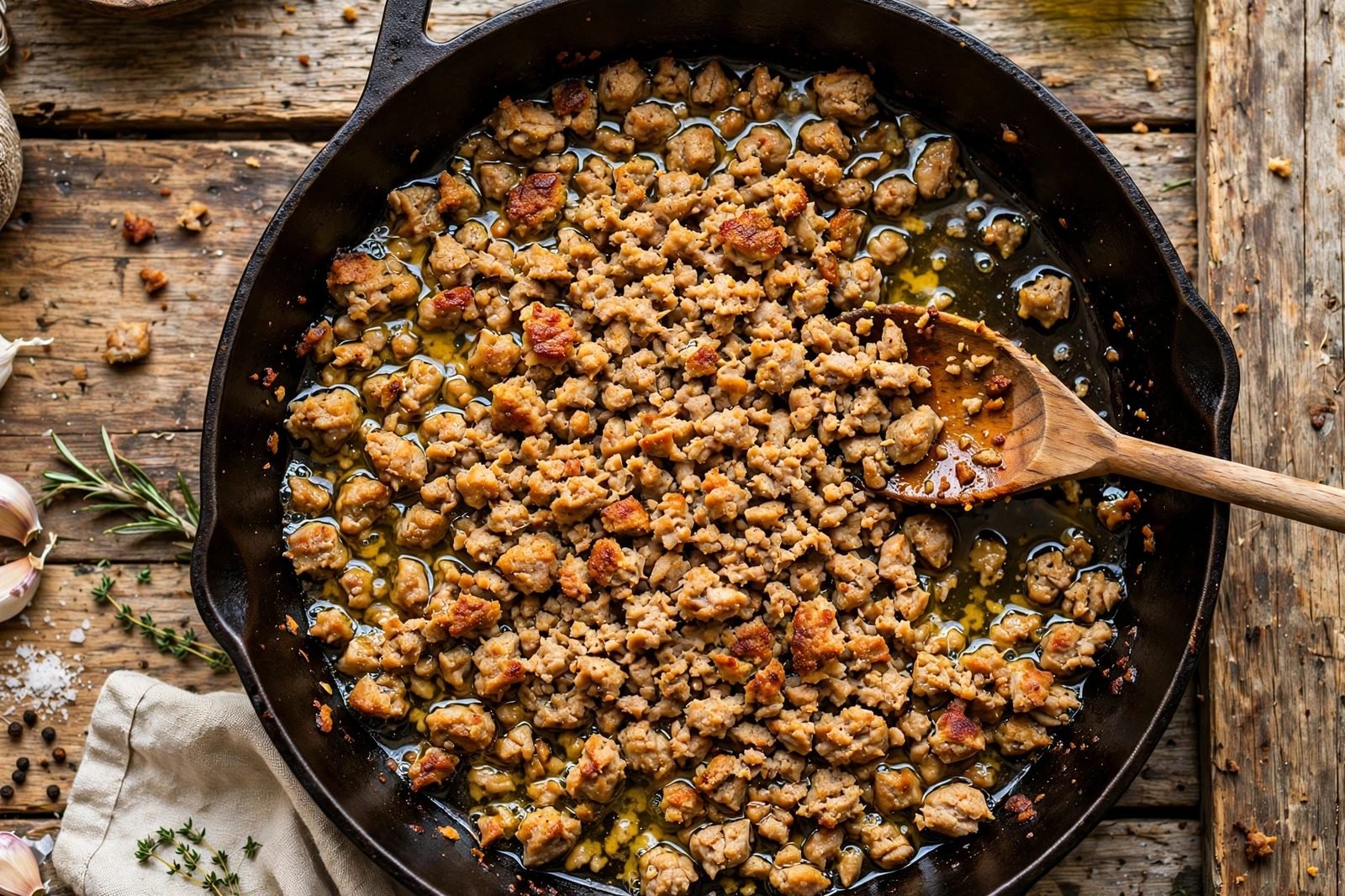 Ground turkey browning in a large skillet