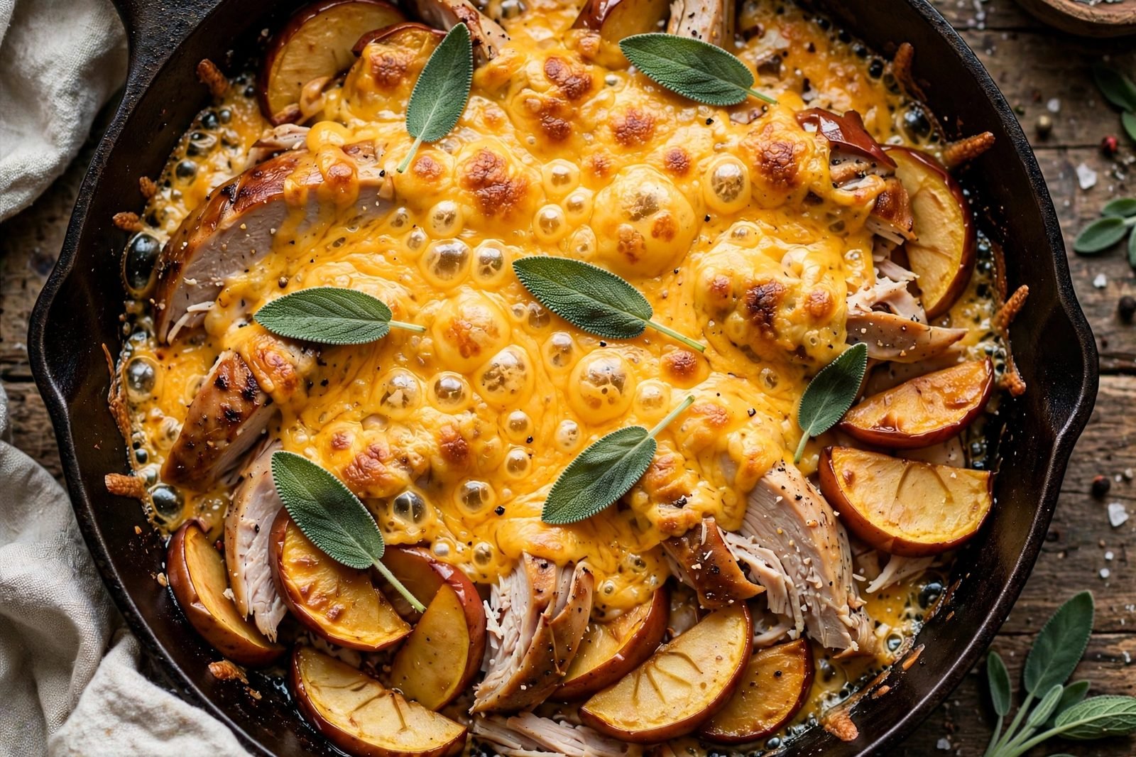 Close-up of melted cheddar over the turkey and apple skillet