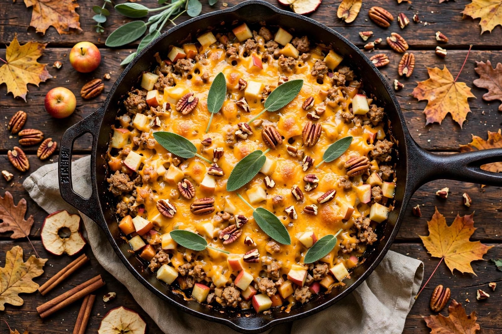 Skillet of turkey and apple cheddar — golden turkey, apple chunks, melted cheddar blanket, sage, and pecans