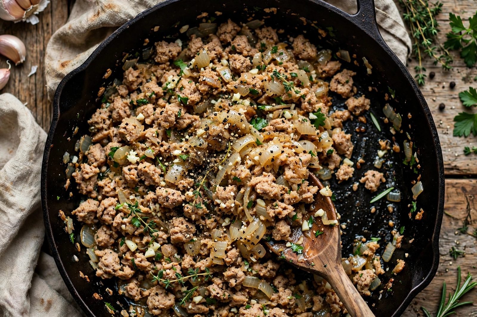 Garlic and seasonings added to the softened aromatics