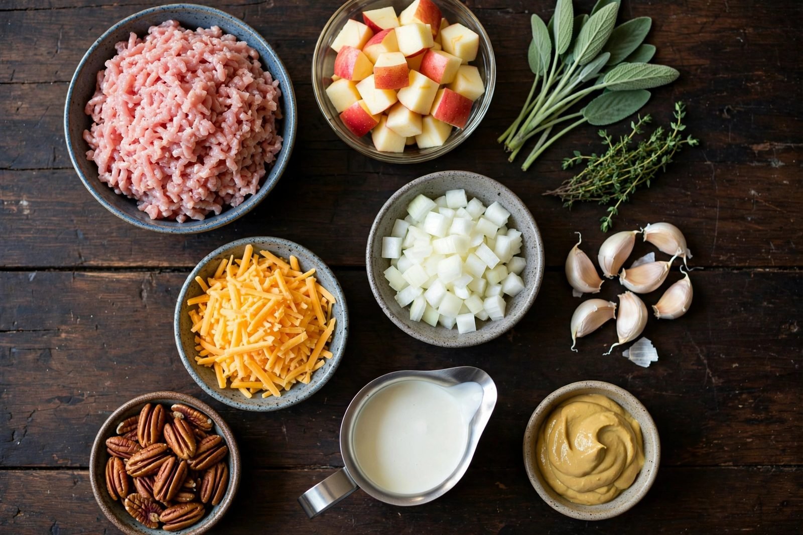 Ingredients for turkey and apple cheddar skillet arranged on a kitchen counter