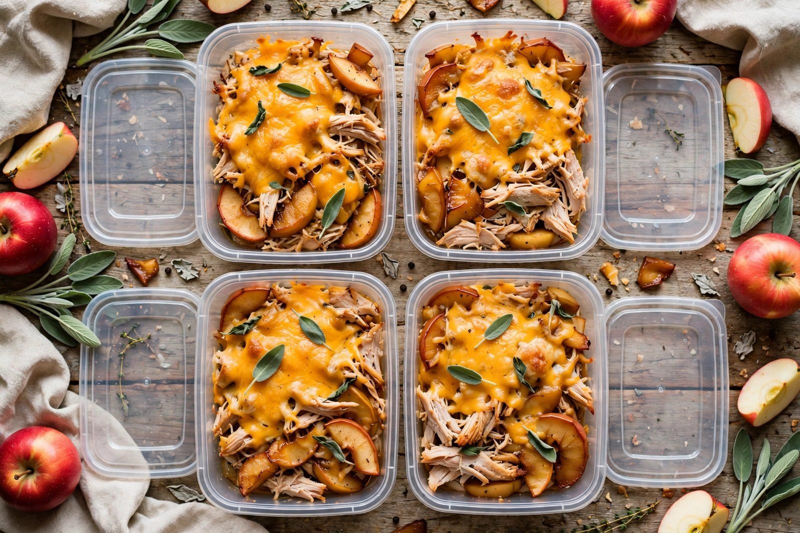 Meal-prep containers filled with turkey and apple cheddar skillet