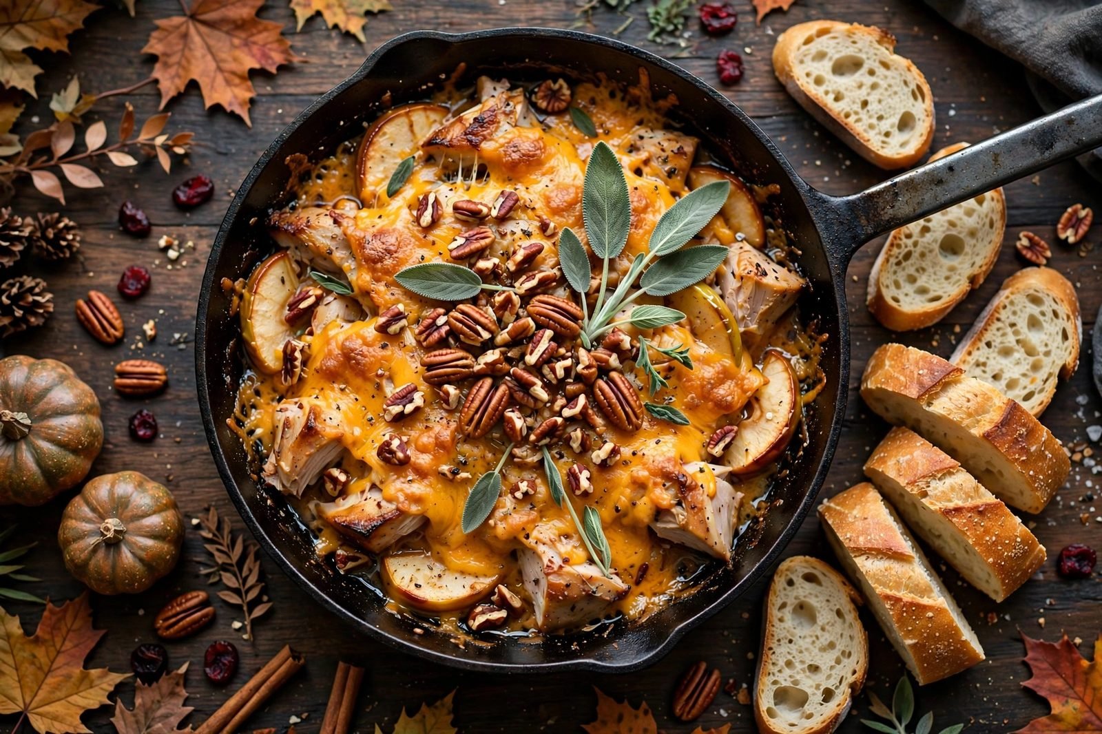 Served skillet of turkey and apple cheddar with pecans and sage