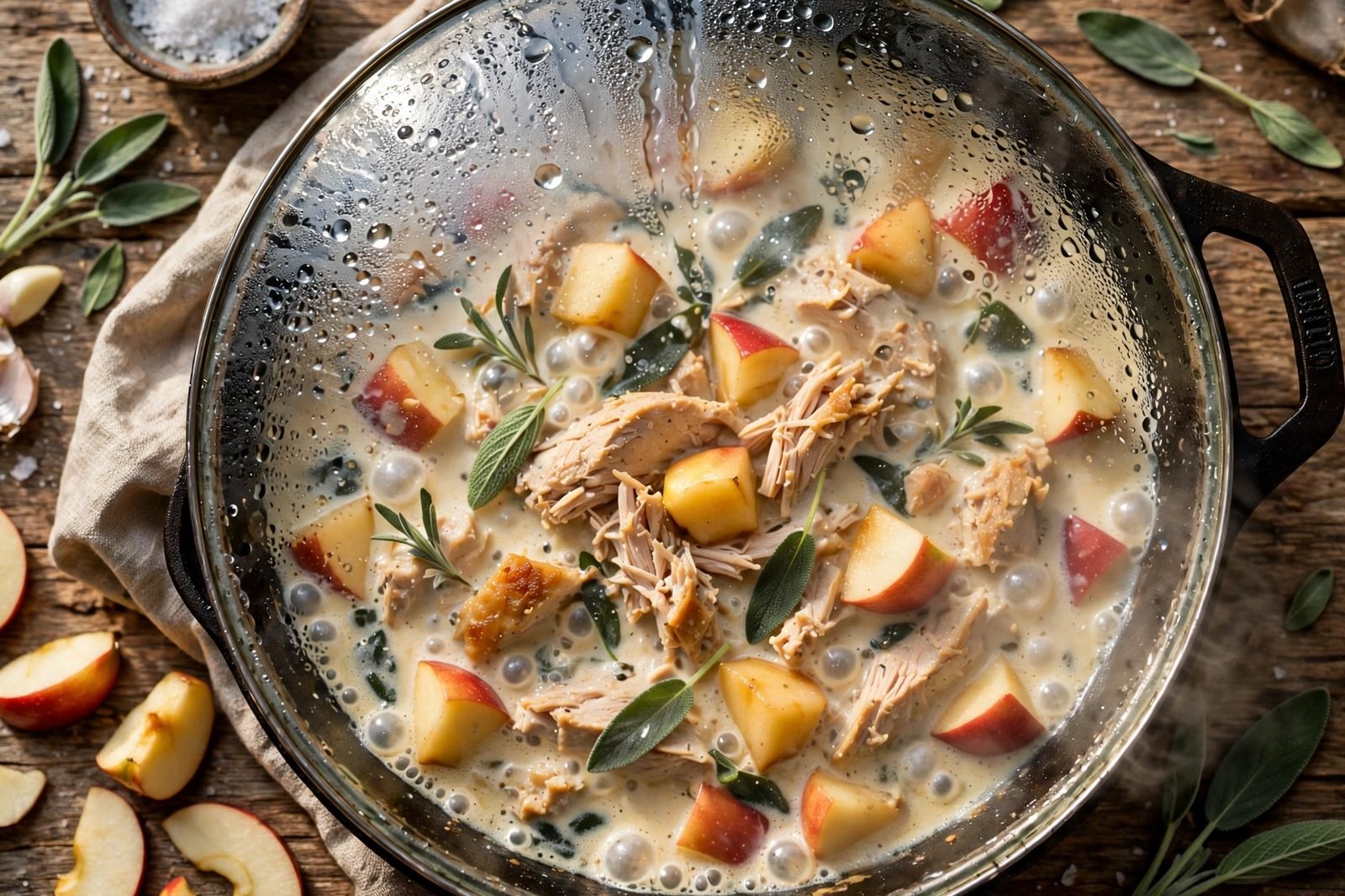 Turkey and apple skillet simmering under a lid
