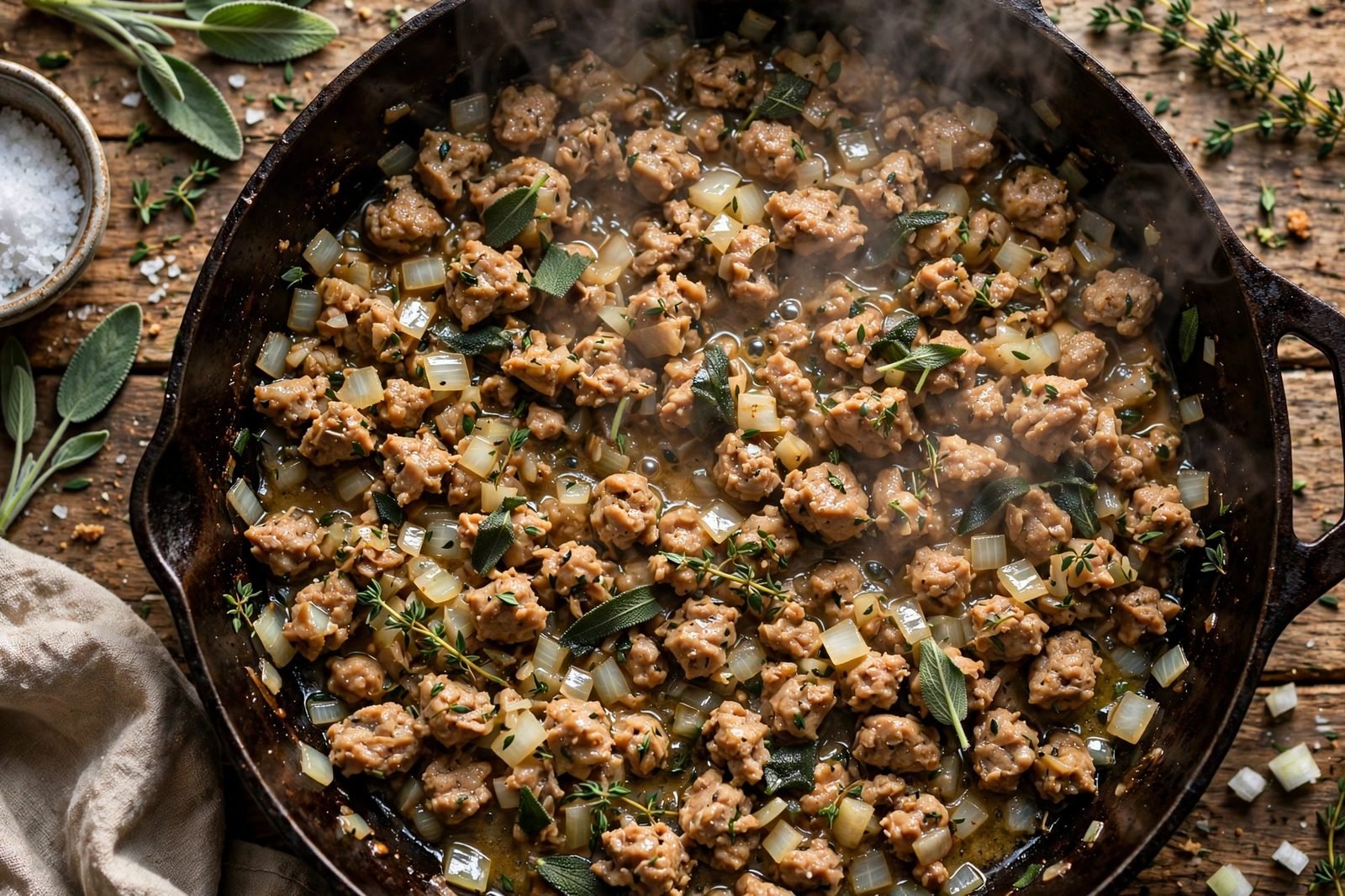 Onion, sage, and thyme softening in a skillet