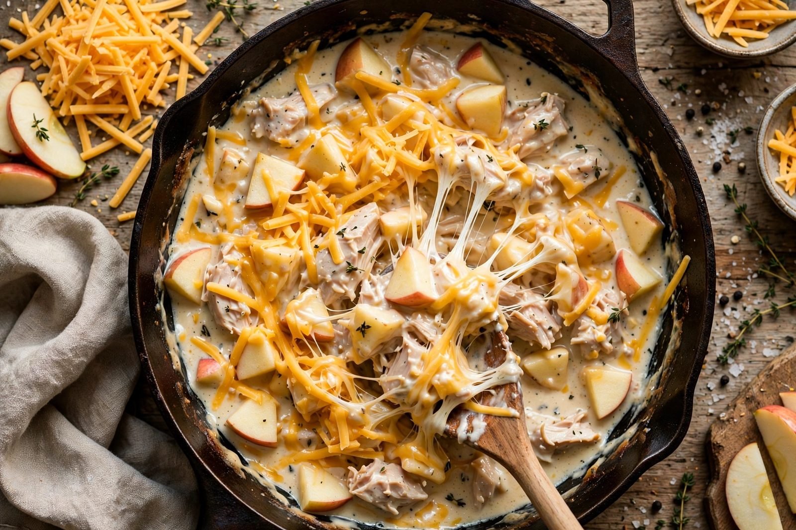 Cheddar cheese being stirred into the skillet