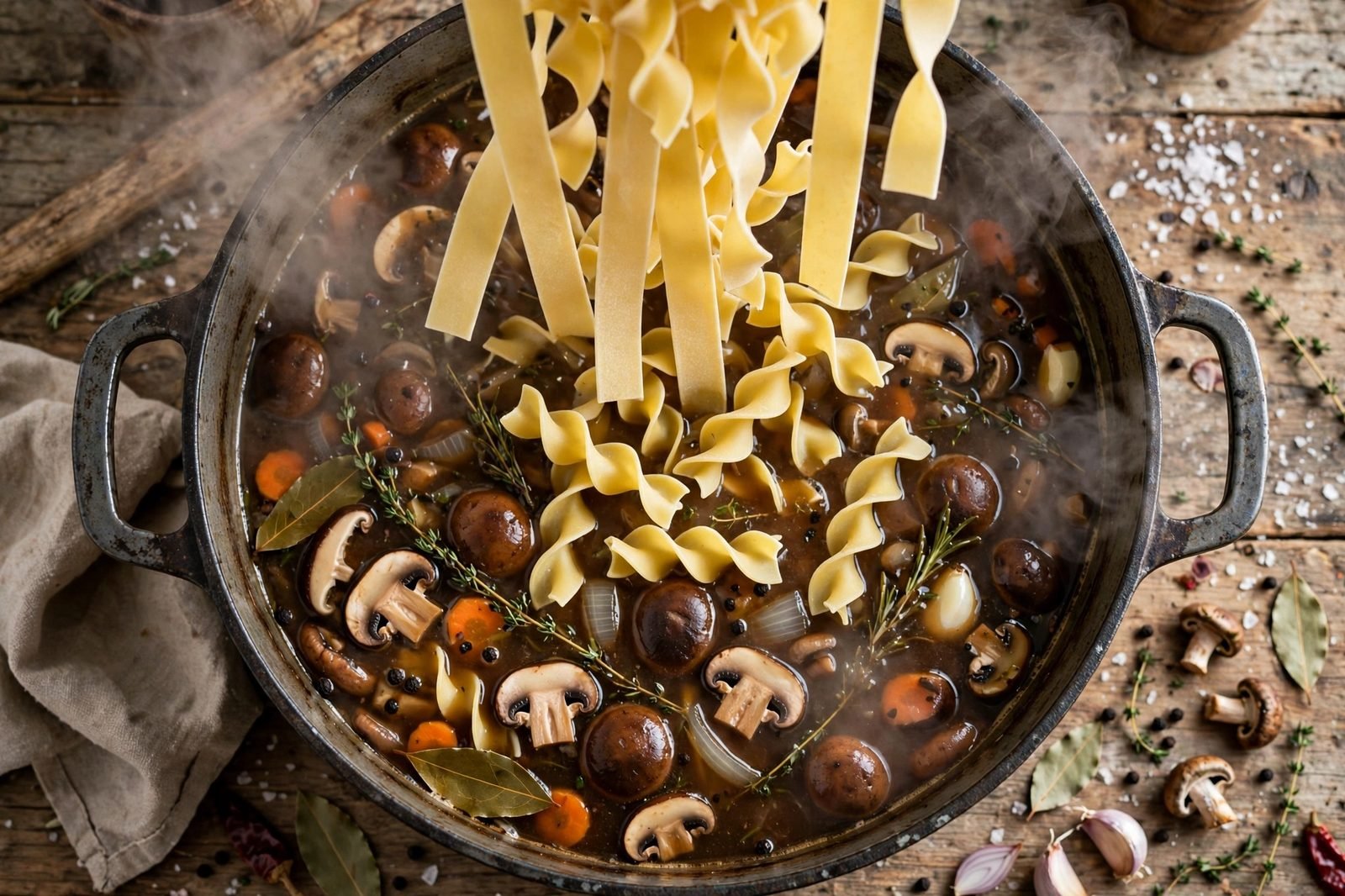 Beef broth, milk, and egg noodles added to the pot
