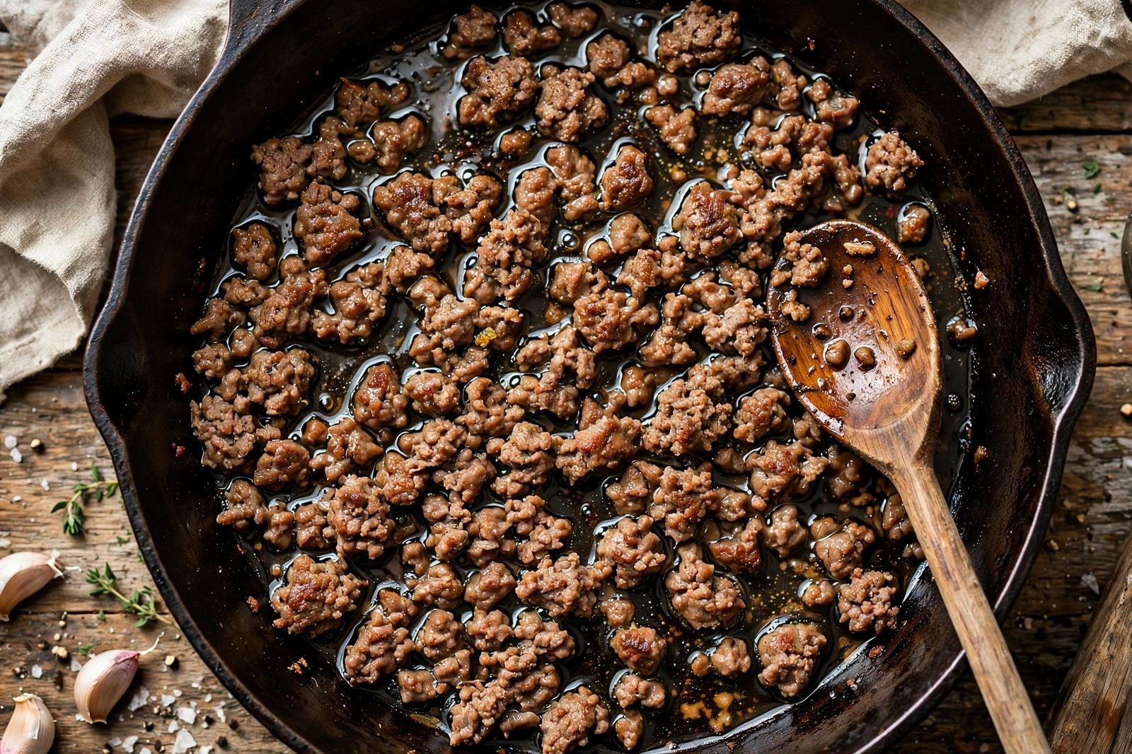 Ground beef browning in a deep skillet