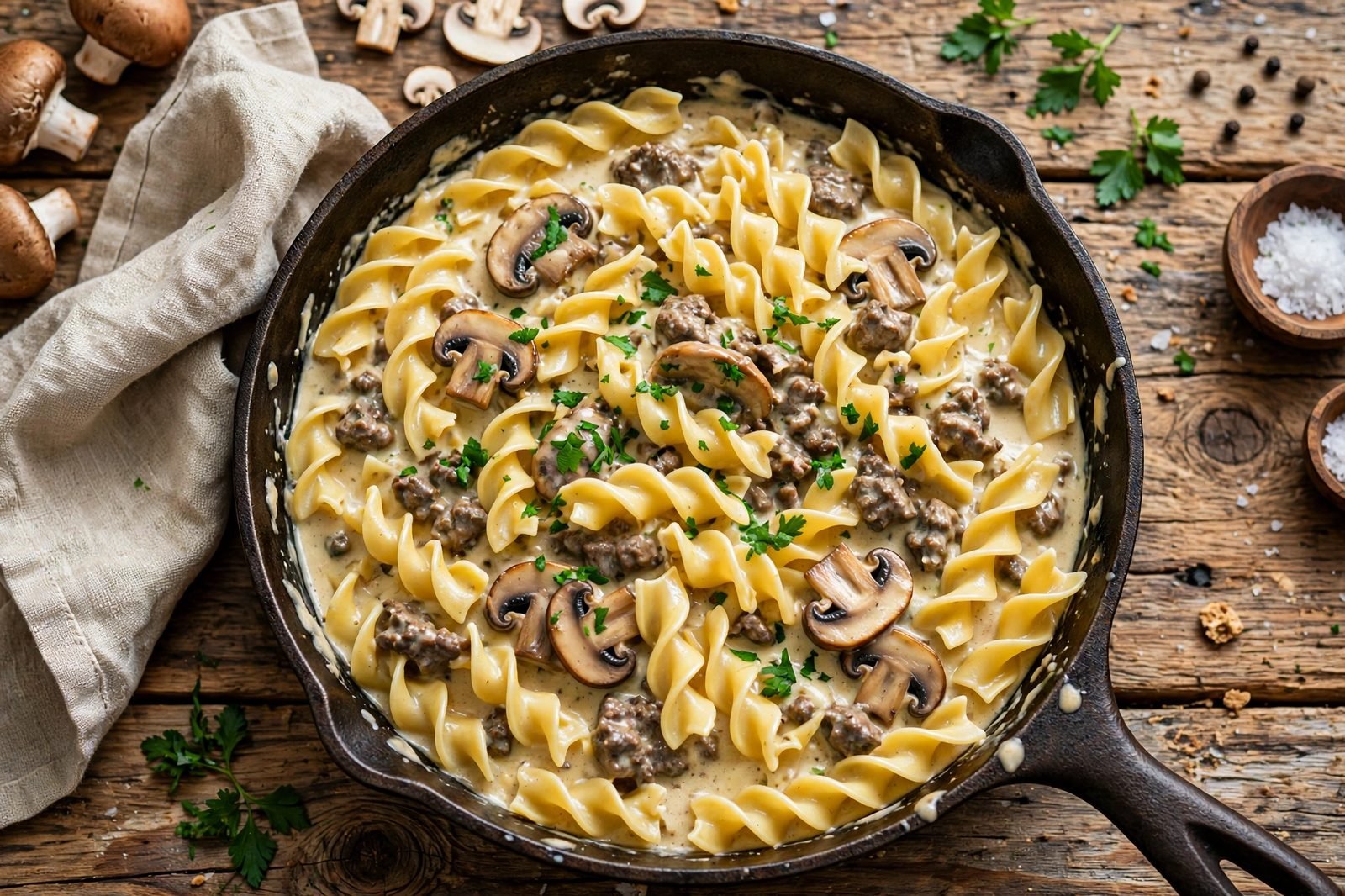Skillet of one-pot beef stroganoff with creamy sauce, beef, mushrooms, and egg noodles