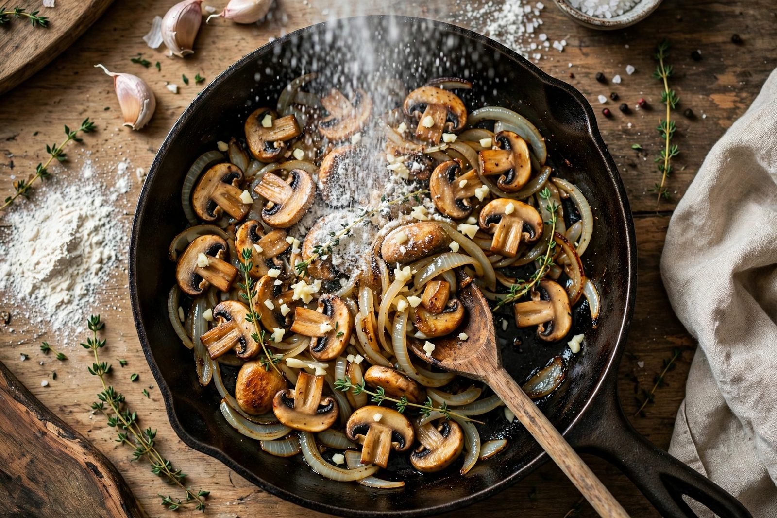 Garlic, flour, and thyme stirred into the mushrooms and onion