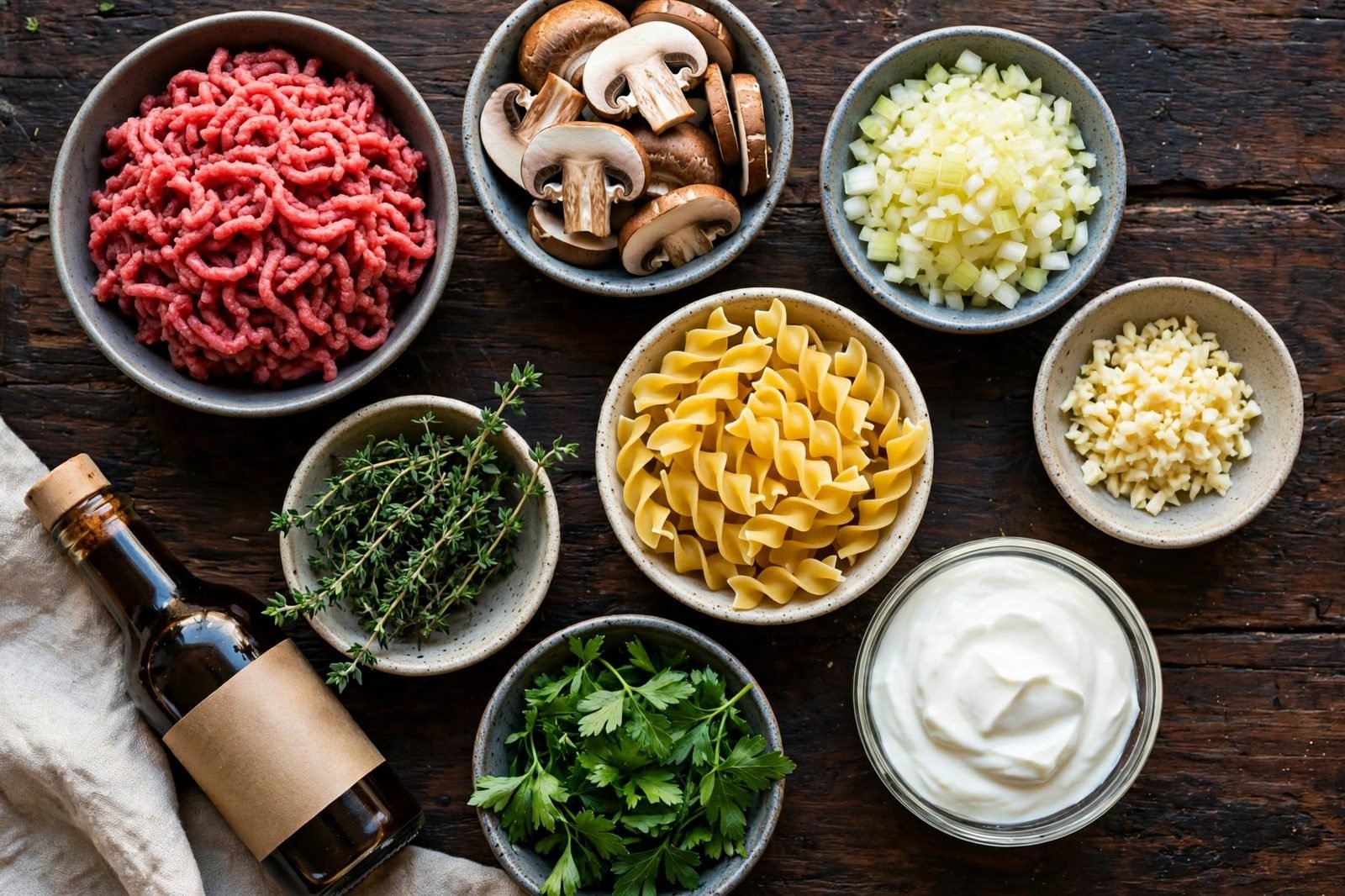 Ingredients for beef stroganoff arranged on a kitchen counter