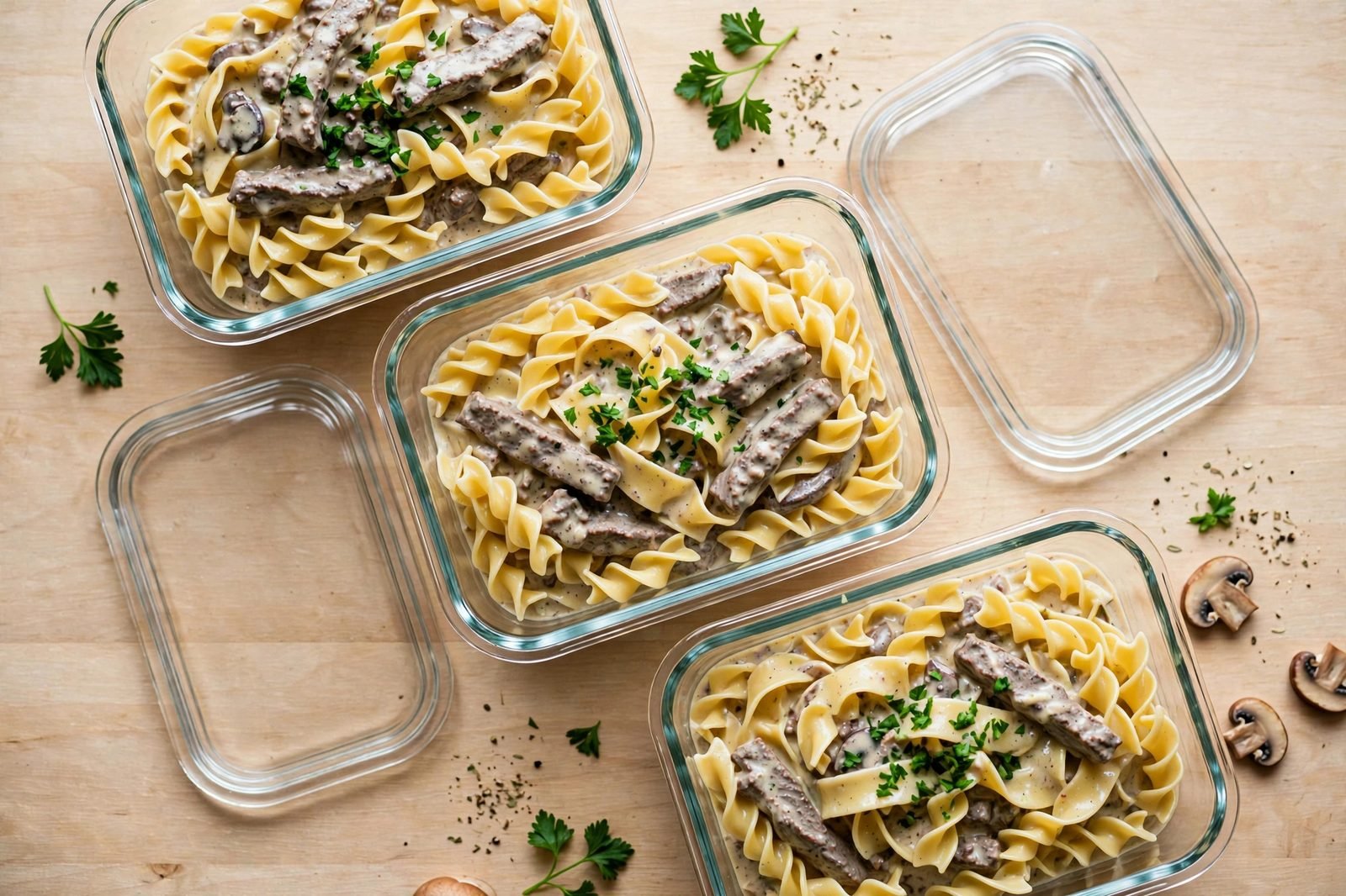 Meal-prep containers of beef stroganoff