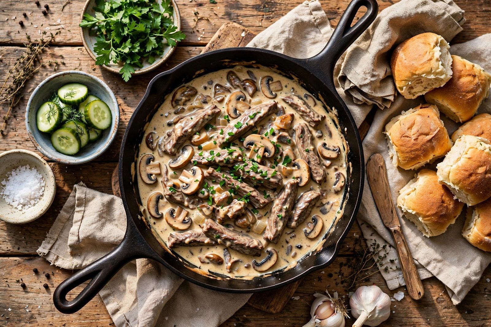 Overhead spread of beef stroganoff with bread