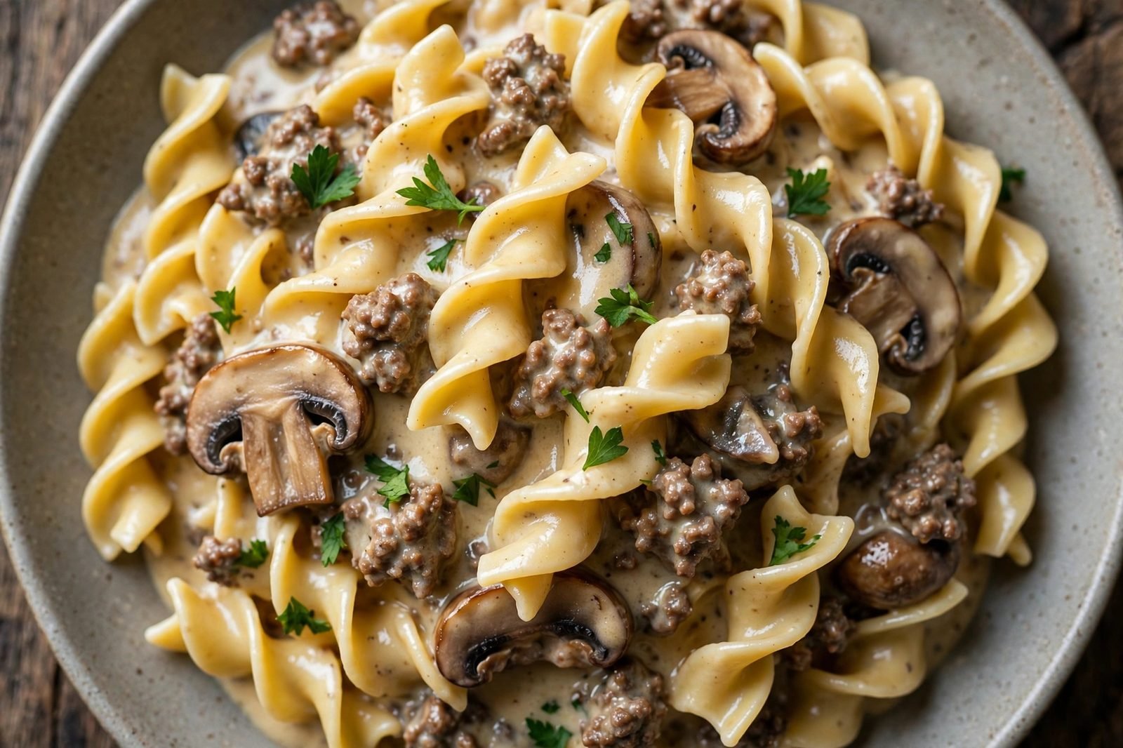 Close-up of the creamy lightened stroganoff sauce
