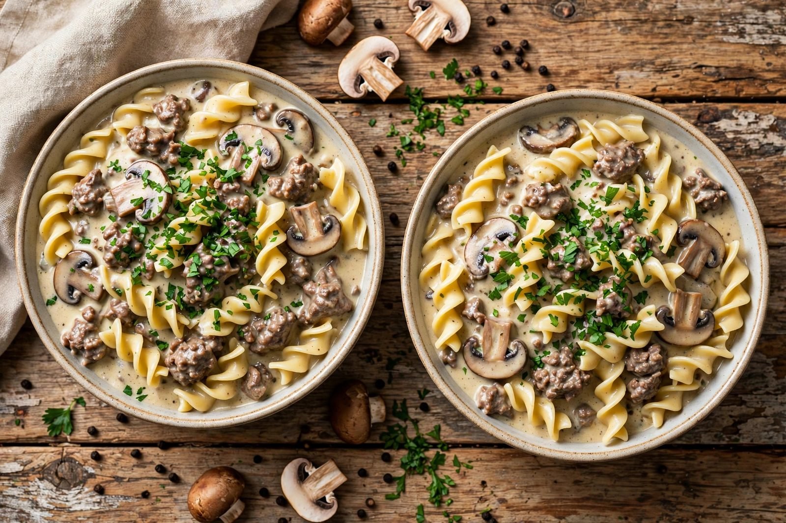 Served bowls of beef stroganoff with fresh parsley