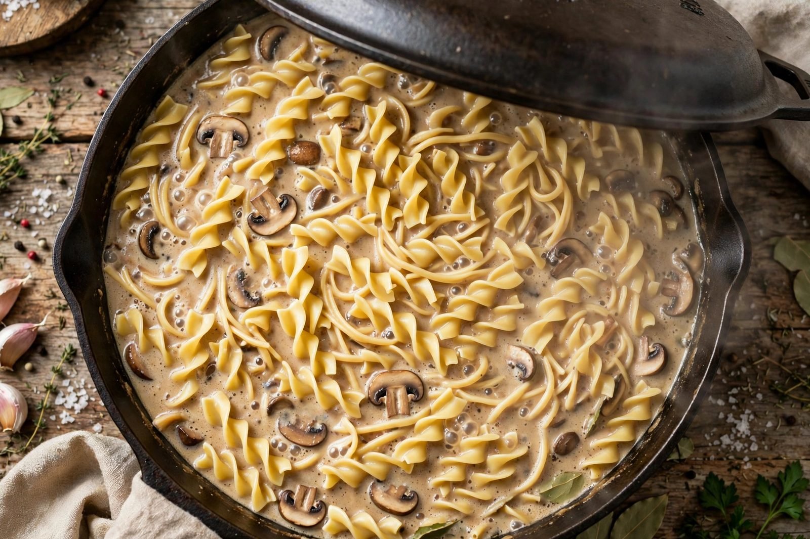 Beef stroganoff simmering with tender egg noodles