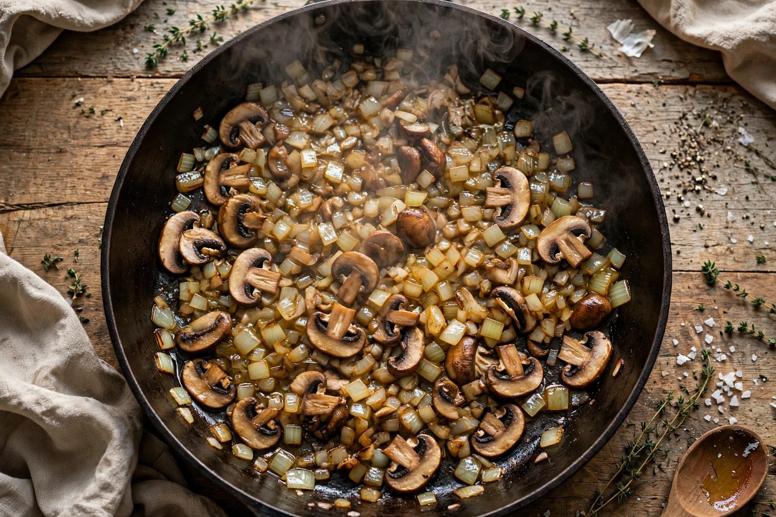 Mushrooms and onion softening in the pot