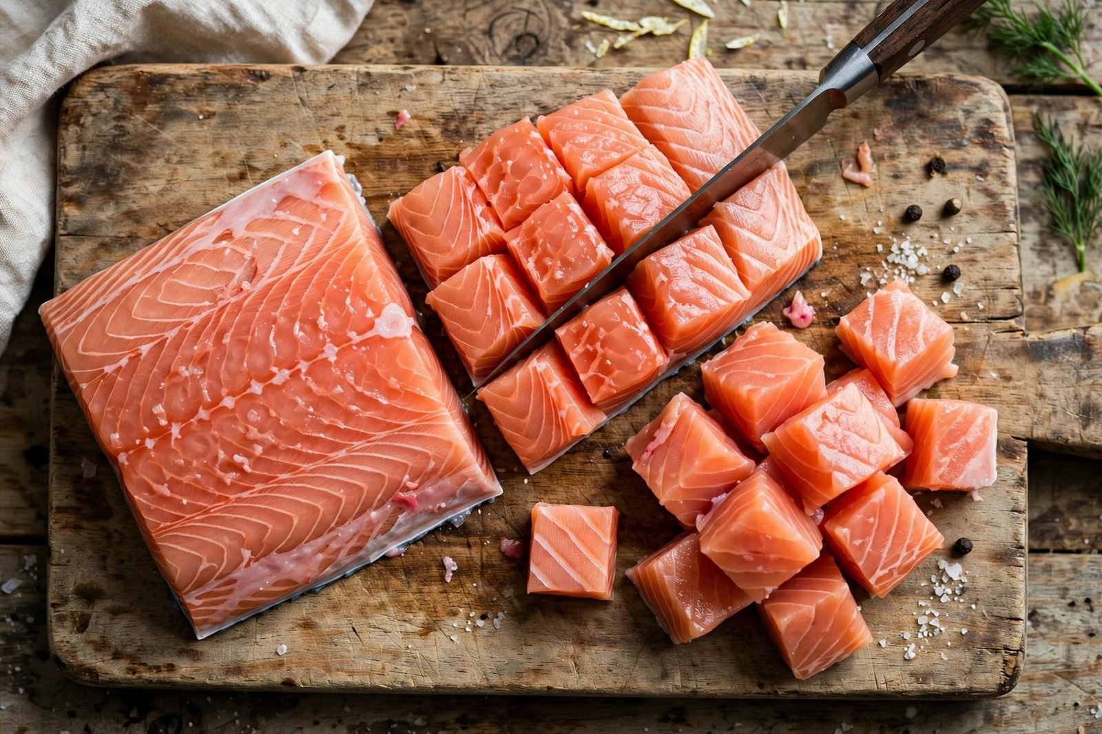 Salmon fillet being cut into 1-inch cubes on a cutting board
