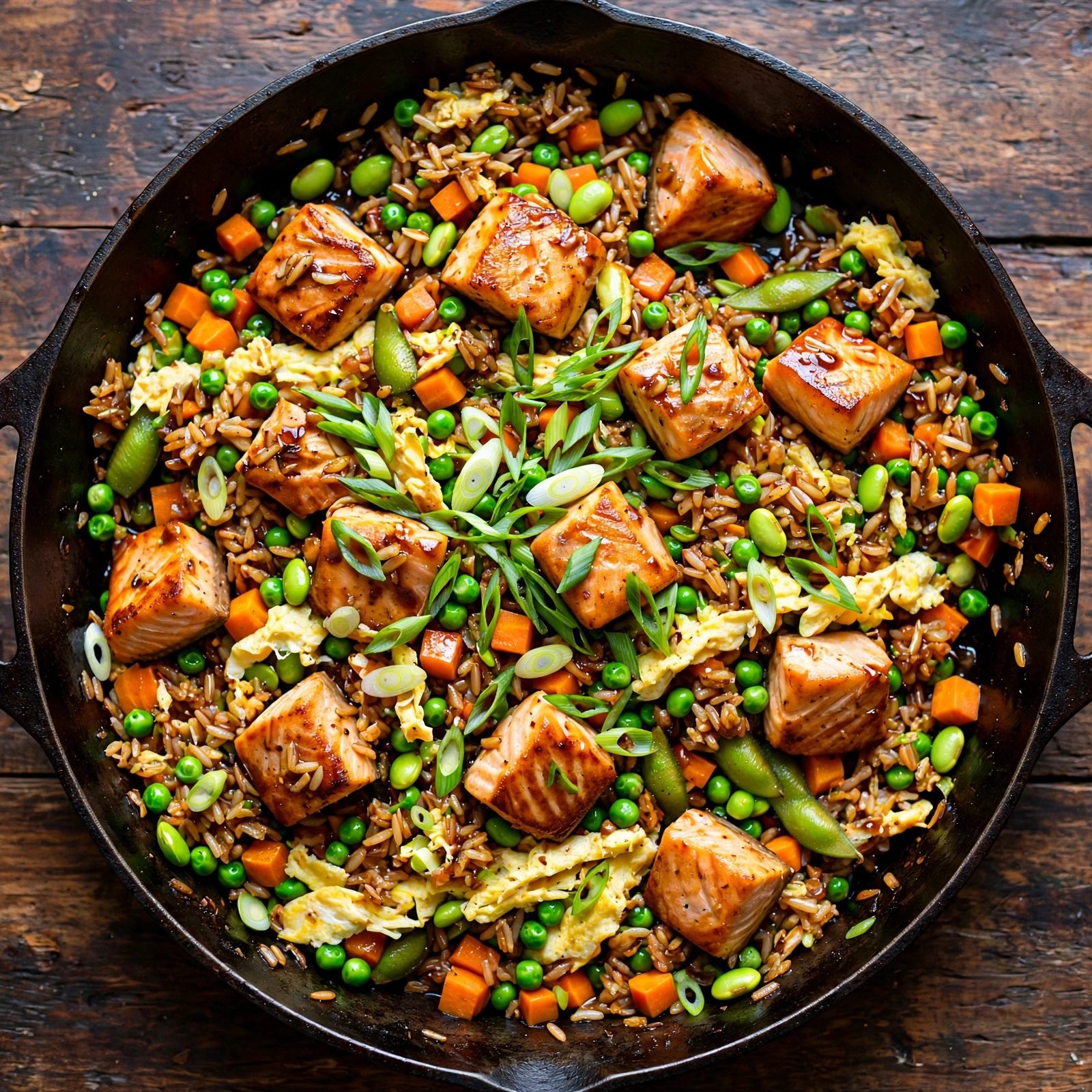 Salmon chunks tossed with fried rice, peas, carrots, edamame, scallions, and egg ribbons in a skillet