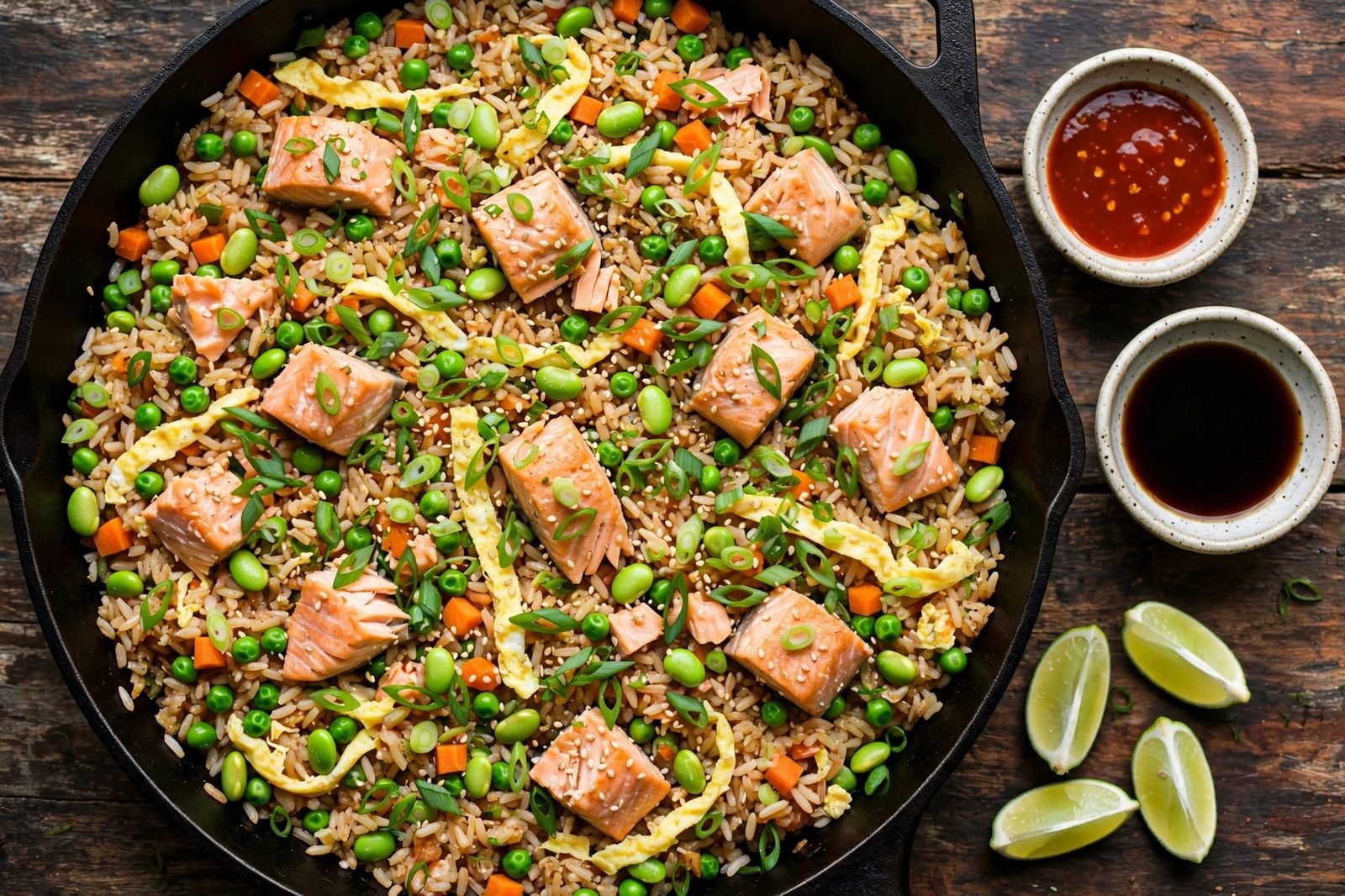 Scallion greens showered over the finished salmon fried rice in the skillet