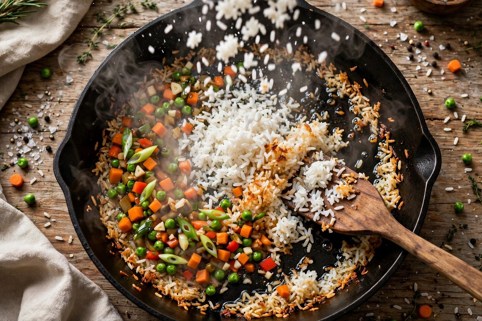 Cold rice frying in the skillet, grains crisping and separating