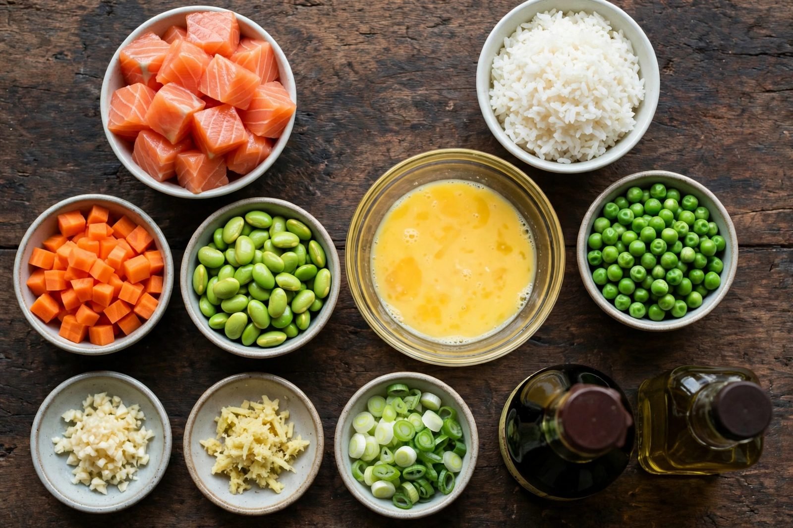 Ingredients for salmon fried rice: salmon, cold rice, eggs, vegetables, and soy sauce on a dark wood counter