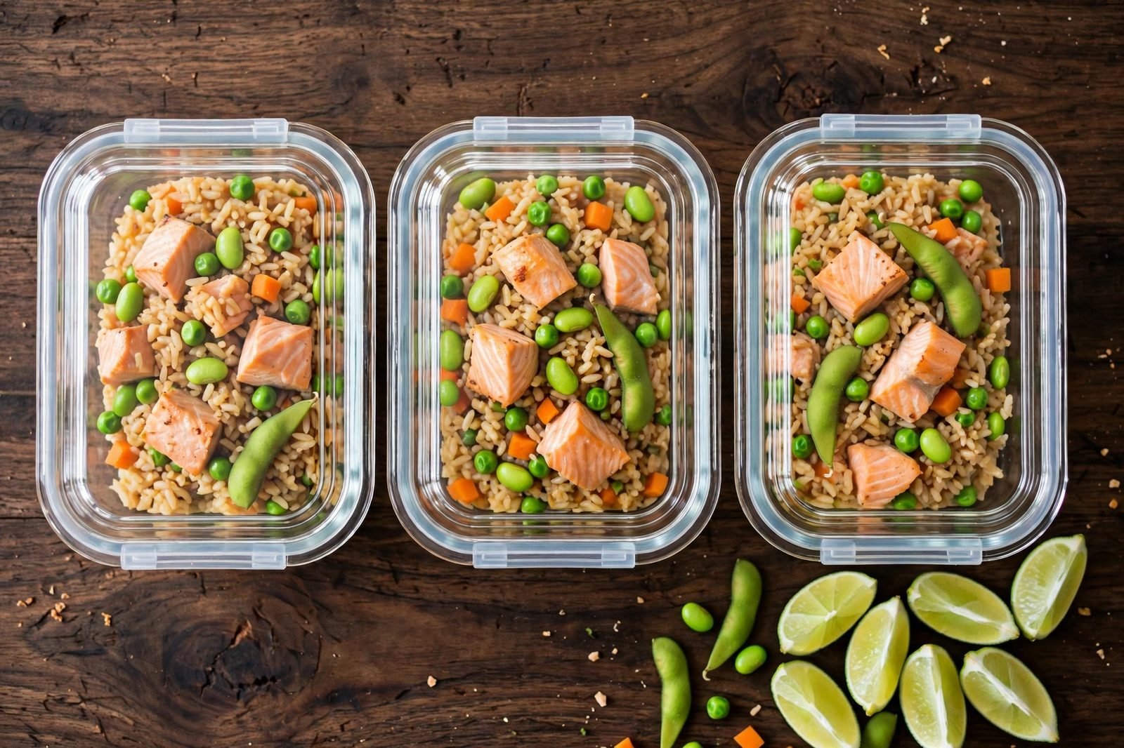 Salmon fried rice portioned into glass meal-prep containers with lime wedges