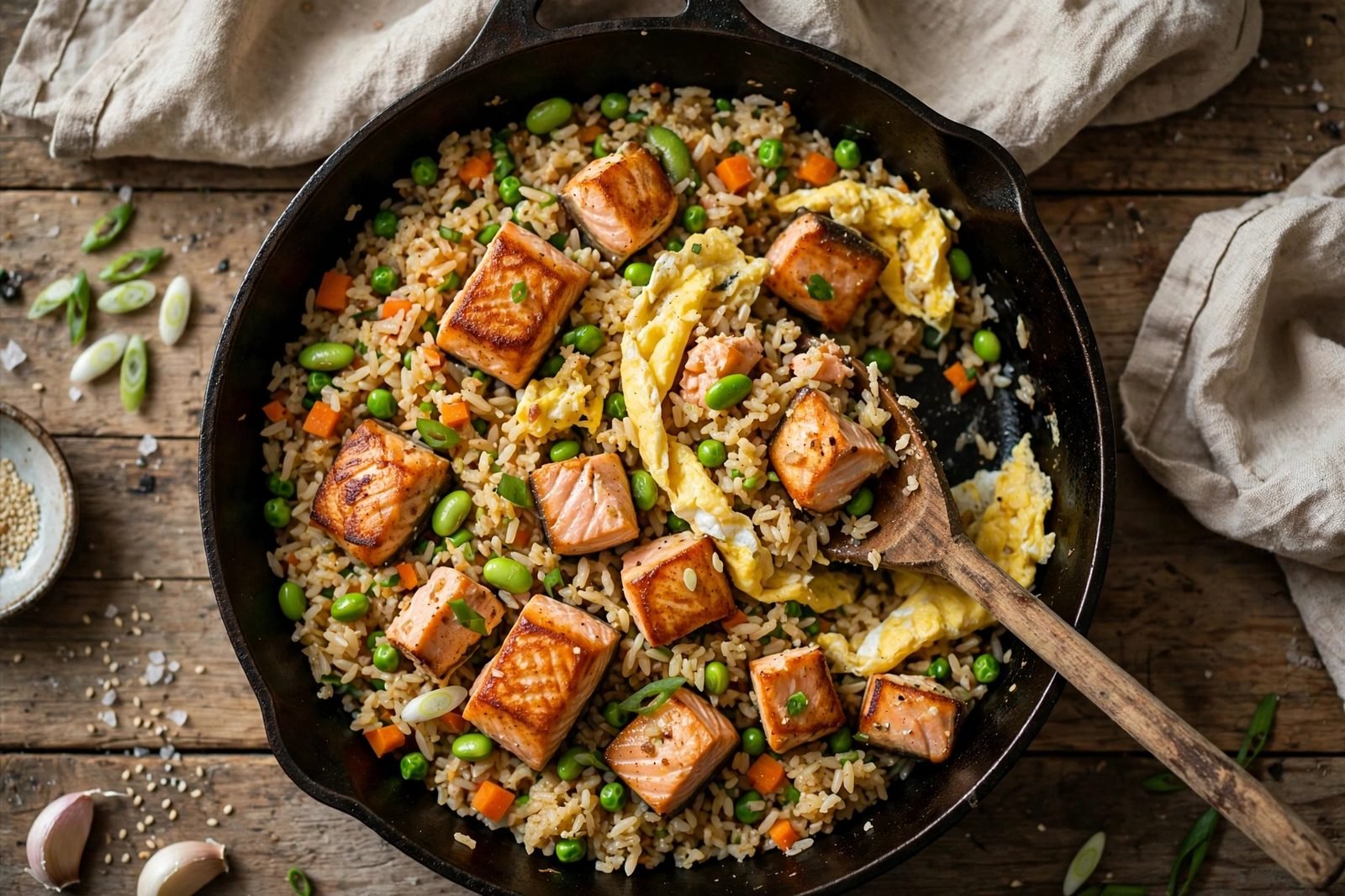 Seared salmon chunks and egg ribbons folded back into the fried rice