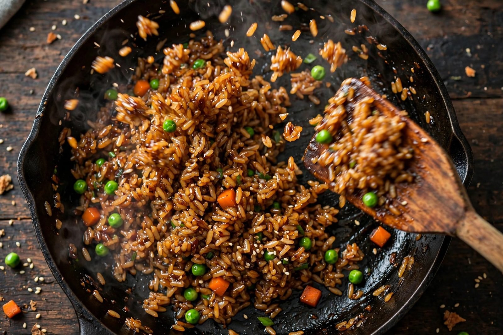 Soy sauce and sesame oil drizzled over the fried rice, being tossed