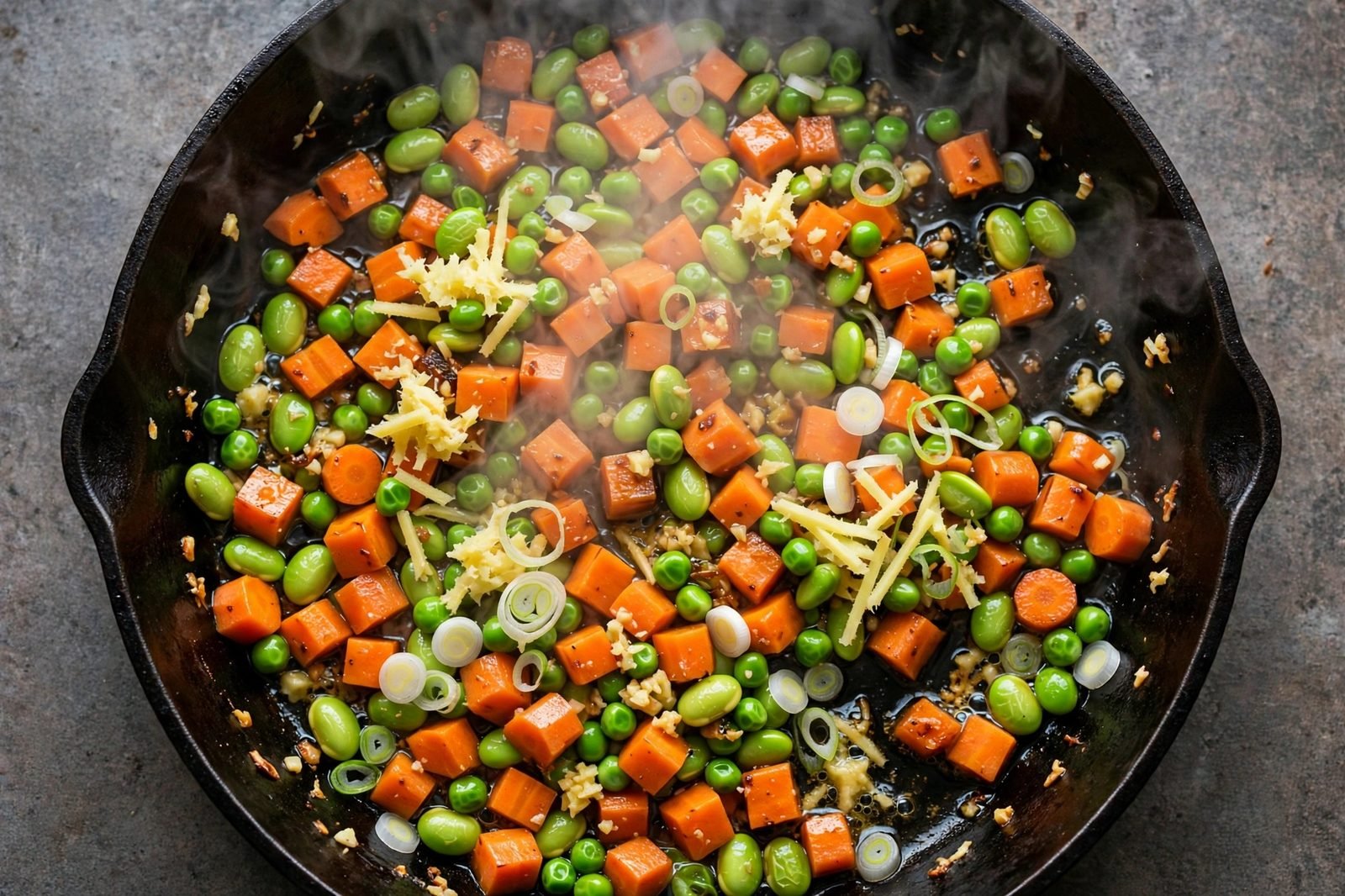 Carrots, edamame, and peas sautéing with garlic and ginger in the skillet