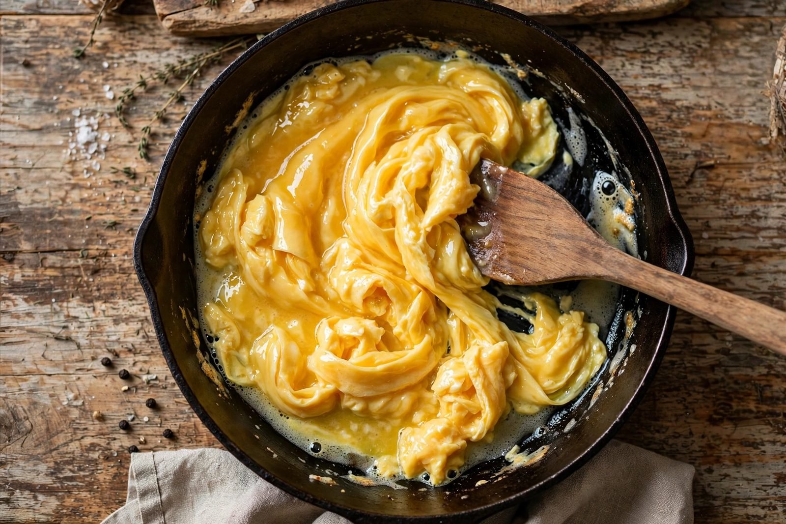 Beaten eggs scrambling into soft ribbons in the skillet