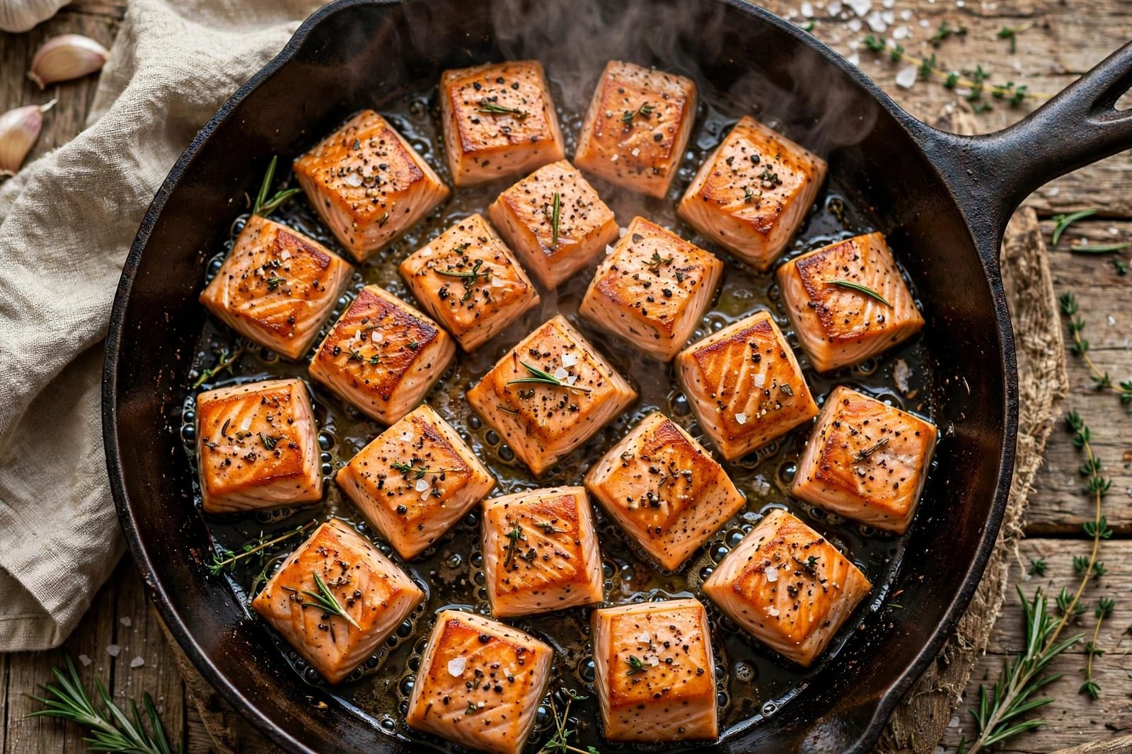 Salmon cubes searing golden in a single layer in a hot skillet
