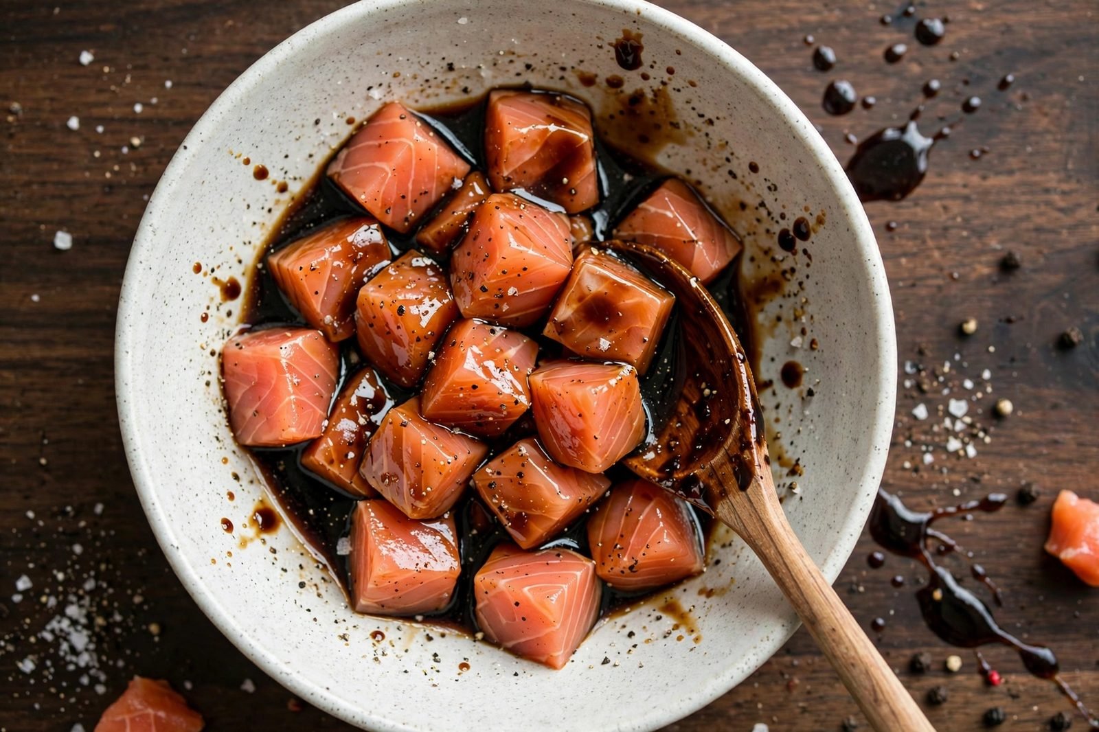 Salmon cubes tossed with soy sauce, salt, and pepper in a bowl