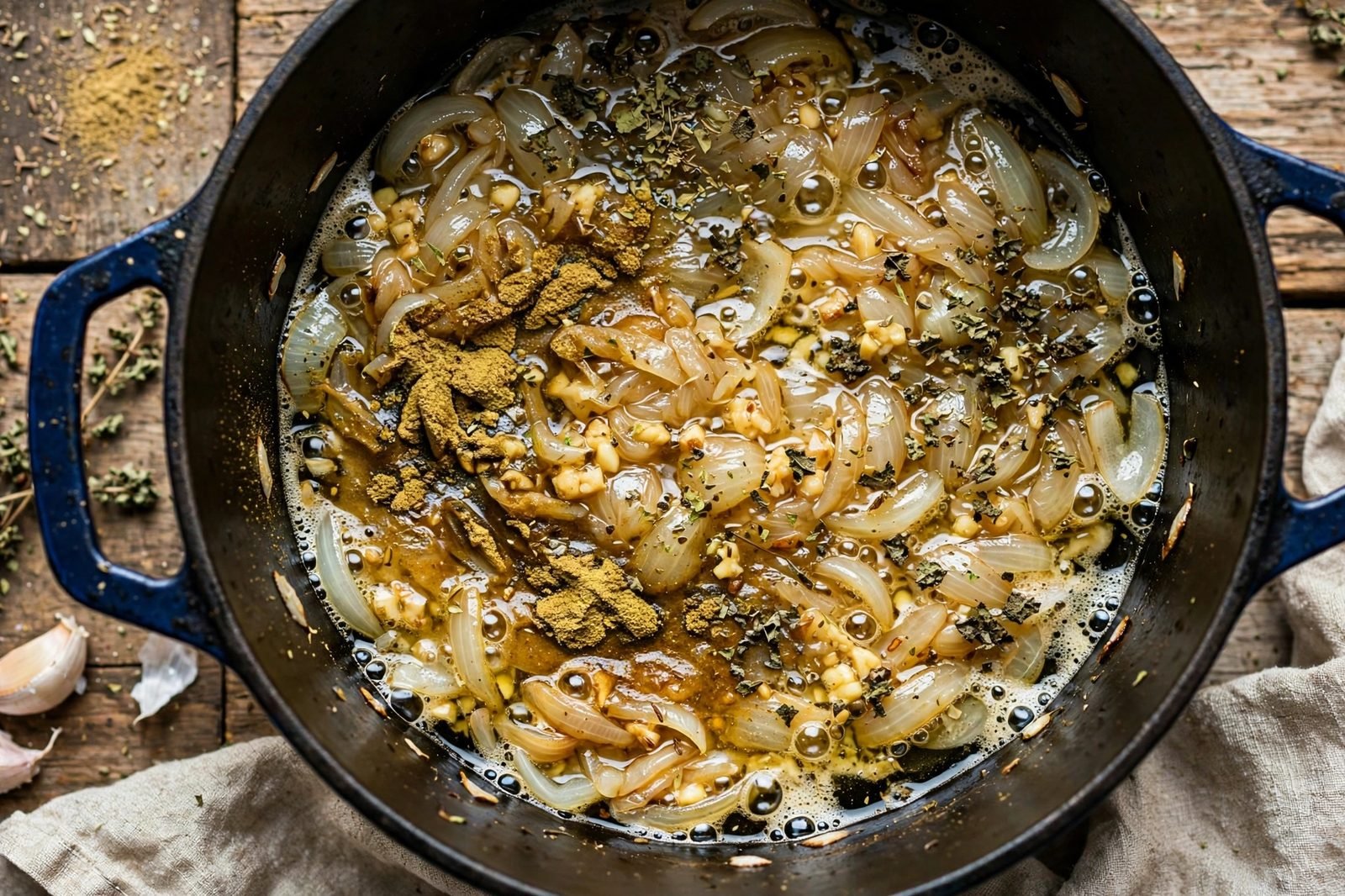 Cumin and oregano blooming in the pot with softened vegetables