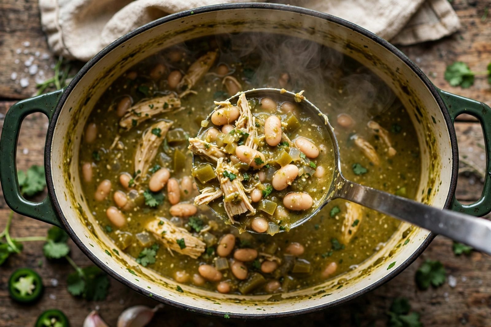 Close-up ladle of chicken and white bean chili verde